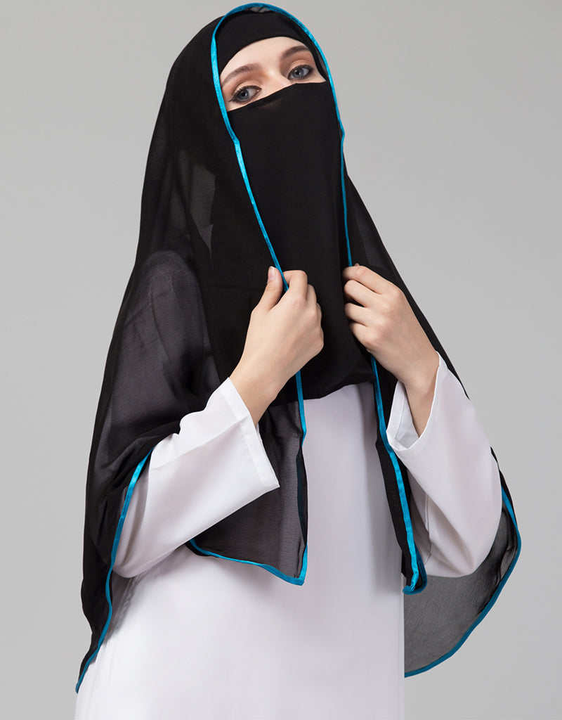 Black with Aqua Blue Polyester Georgette Head Scarf - Lightweight Muslim Hijab for Women - Perfect for Daily Wear, Prayer & Special Occasions