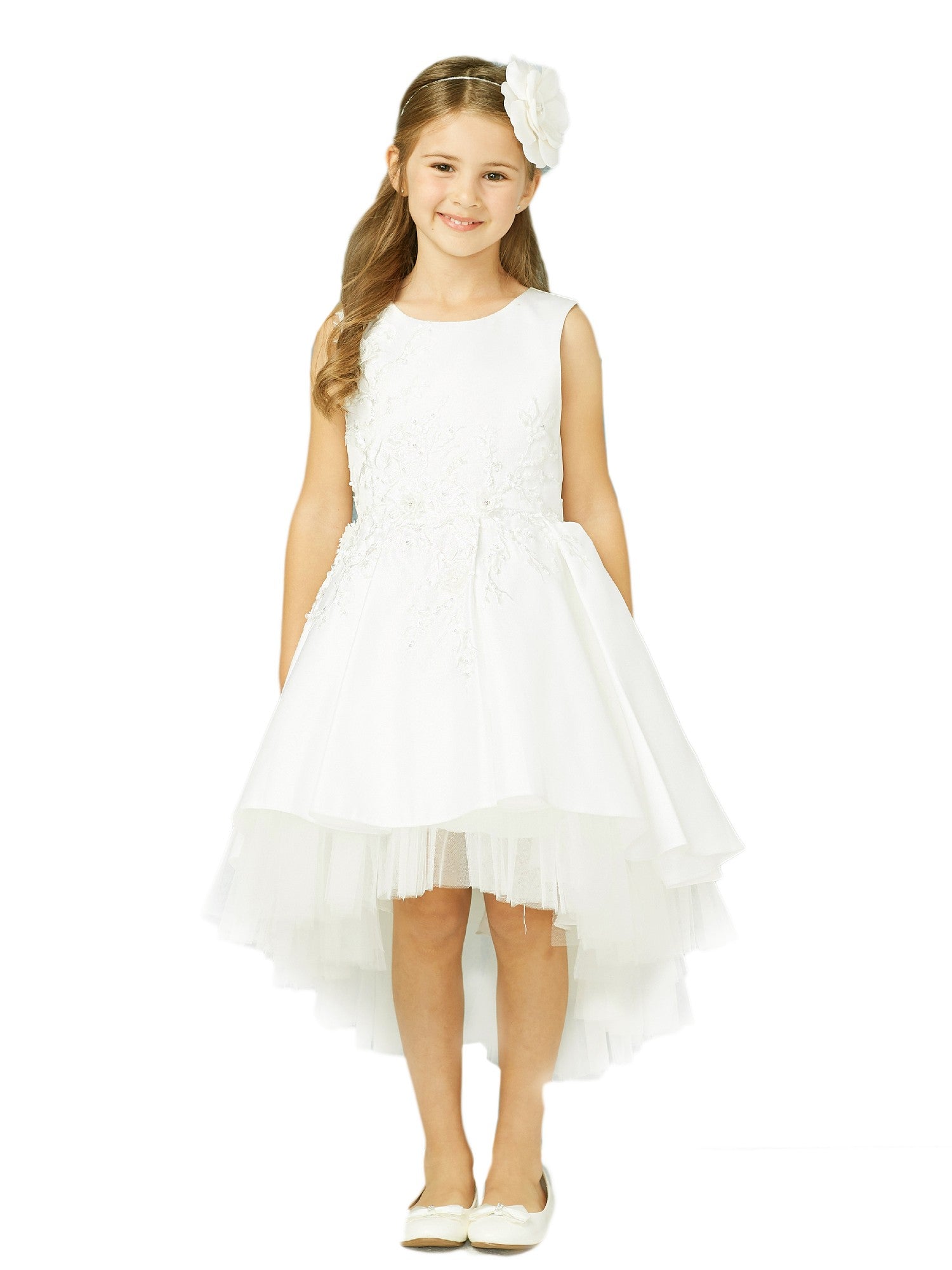 Ivory Pink Hi-Low Lace Tulle Junior Bridesmaid Dress for Big Girls - Sizes 8-16 | Perfect for Weddings, Prom, and Formal Events