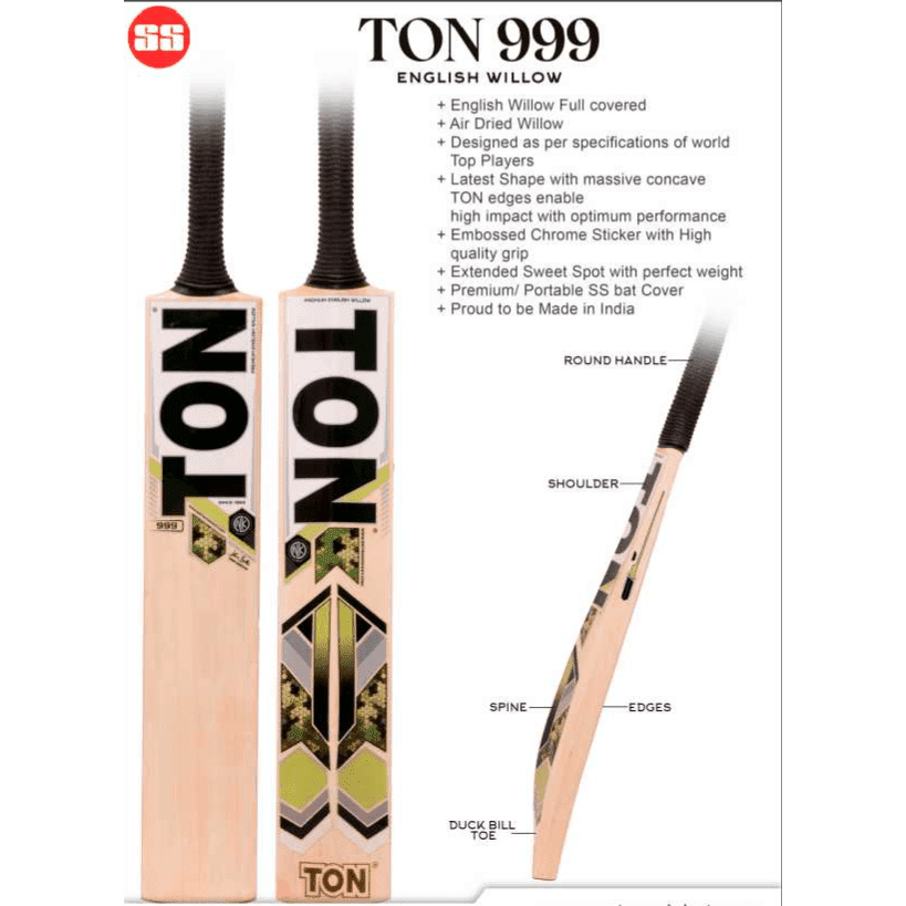 SS Ton 999 Premium Adult Cricket Bat - Professional Grade Willow Wood for Cricket Matches & Training | Perfect for Club Players & Practice Sessions