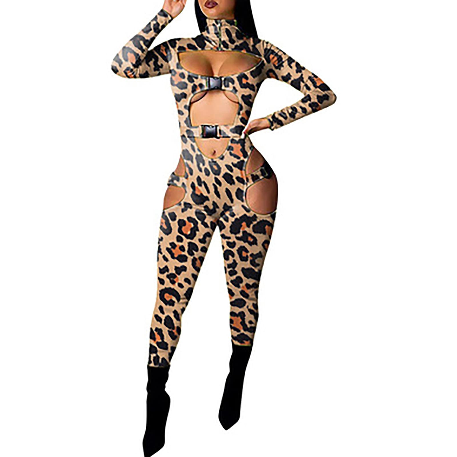 Sexy Women's Hollow Out Romper Jumpsuit - Bodycon Clubwear with Buckle Detail, High Neck & Long Sleeves | Perfect for Night Out, Party & Club Events