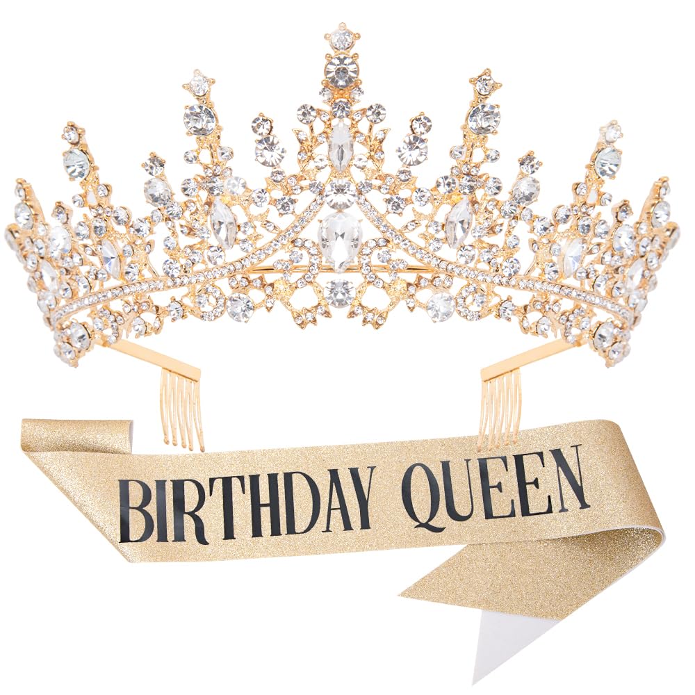 Gold Crystal Birthday Crown for Women - Elegant Queen Tiara with Combs & Glitter | Birthday Party Decorations & Gifts for Women | Perfect for Birthday Celebrations, Bachelorette Parties & Special Events