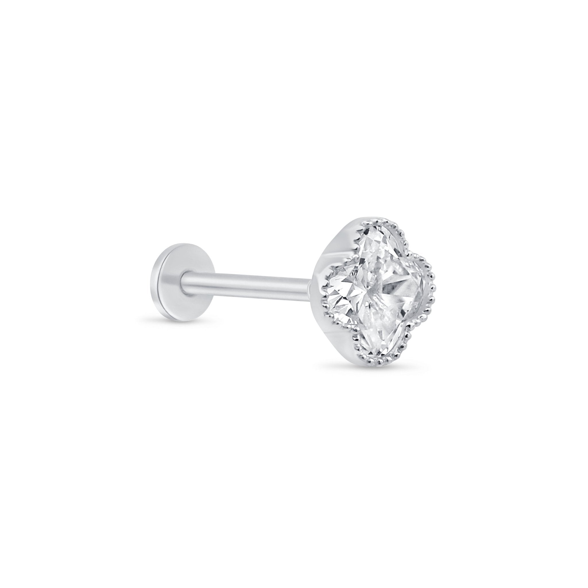 14K White Gold Diamond-Cut Beaded Clover Stud Earrings - Flat Back for Sensitive Ears | Perfect for Everyday Wear, Gifts & Special Occasions