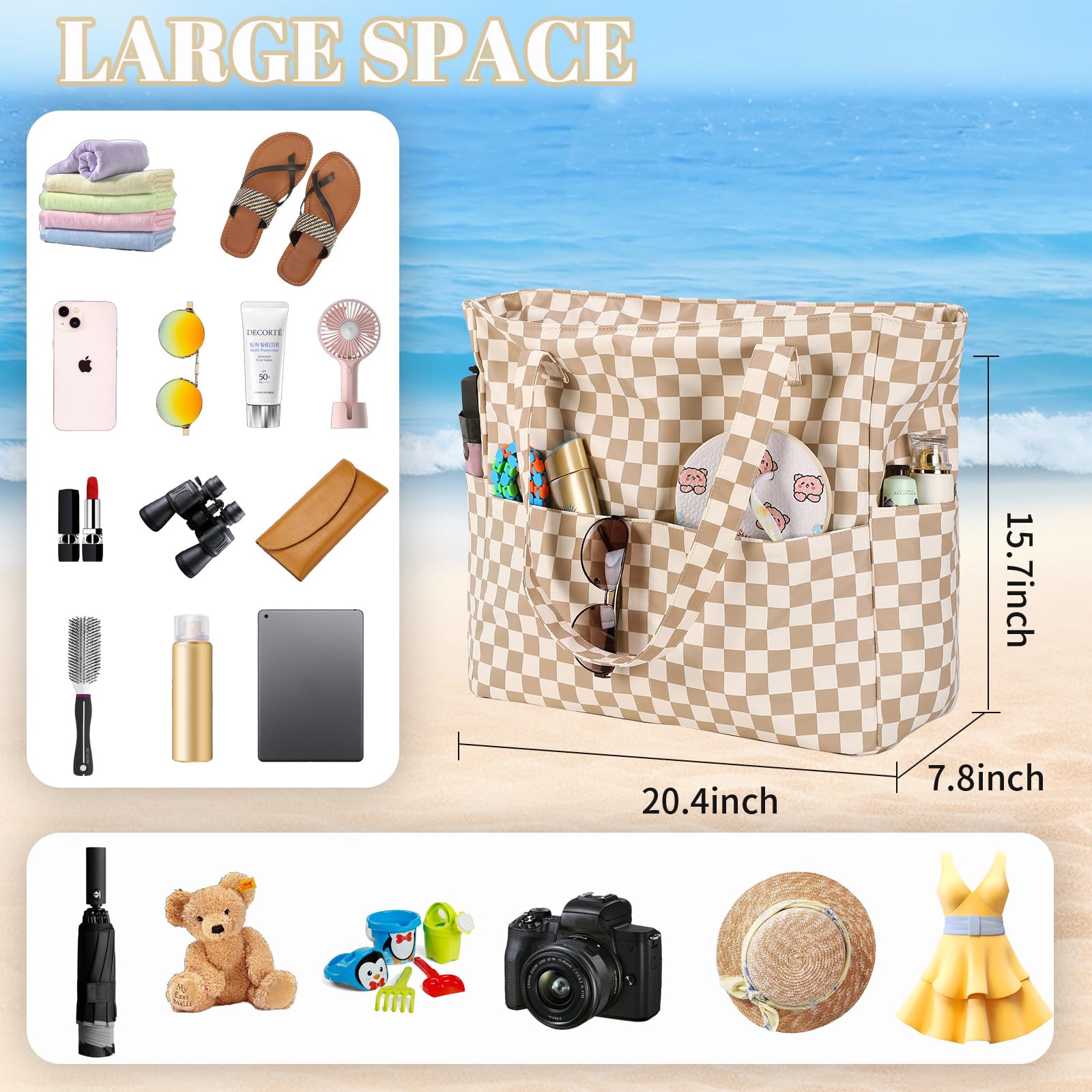 Waterproof Large Beach Tote Bag for Women - Sandproof Zippered Pool & Gym Bag with Wet Pocket - Perfect for Travel, Grocery Shopping & Beach Days