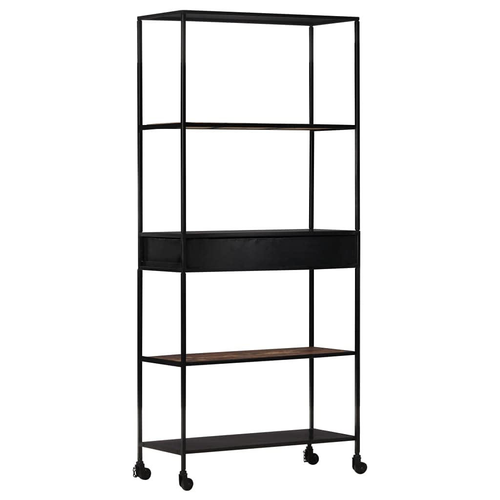 5-Tier Industrial Bookcase with Drawer & Wheels - Wood & Metal Bookshelf, Tall Floor Standing Storage Rack, 35.4