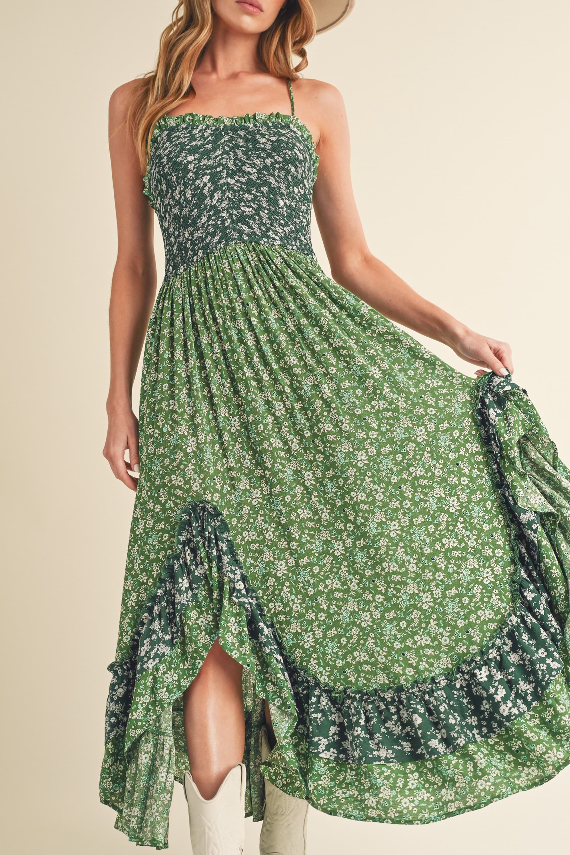 Summer Green Floral Ruffled Hem Maxi Cami Dress - Women's Boho Chic Sundress for Beach Vacation, Date Night & Outdoor Parties