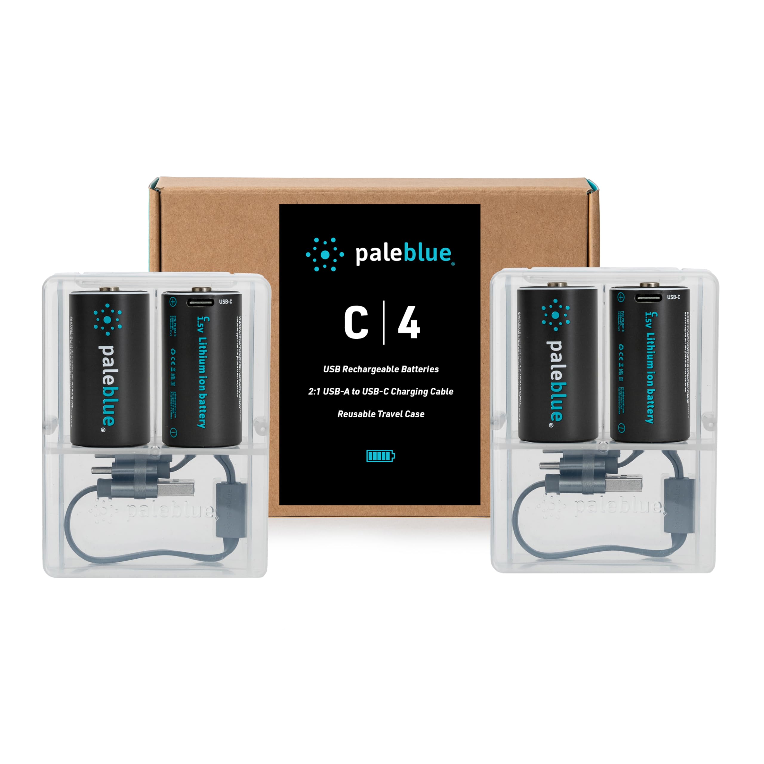 Pale Blue Rechargeable C Batteries 4-Pack - 2800mAh Lithium Ion 1.5V with USB Charger | Fast 3.5H Charge, 1000+ Cycles | Includes 2-in-1 USB to USB-C Cable & LED Indicator | Perfect for Flashlights, Toys, and Emergency Power Backup