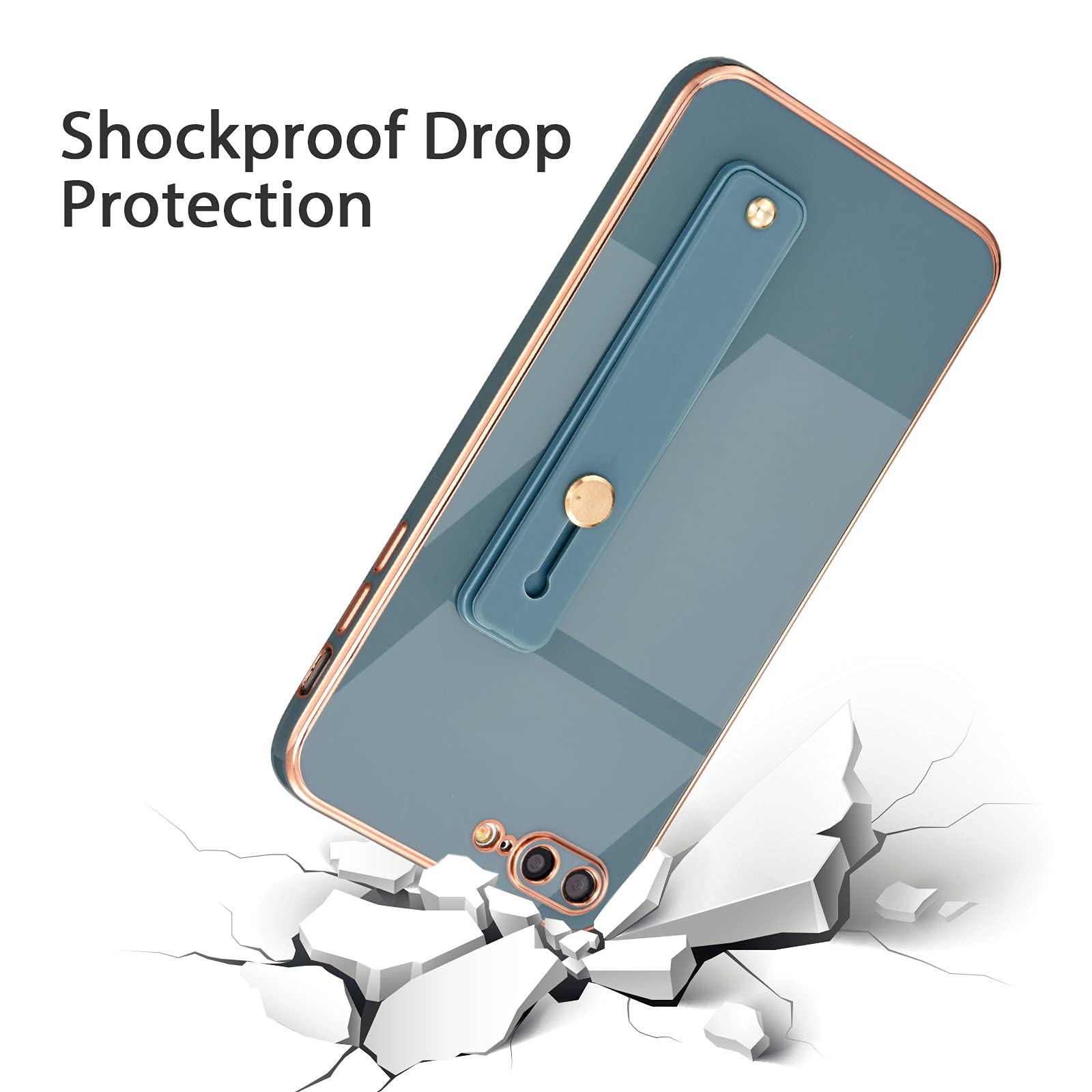 EYZUTAK Slim Shockproof Silicone TPU Case for iPhone 7 Plus & iPhone 8 Plus - Electroplated Design with Wristband, Kickstand & Finger Holder Strap (Gray) | Perfect for Workouts, Travel & Everyday Protection