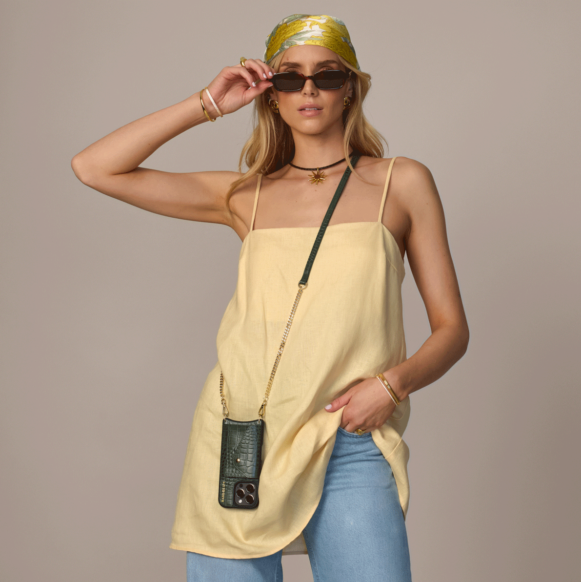 Vivian Crossbody Phone Case with Strap - Dark Green Crocodile Pattern & Gold Accents | Perfect for Hands-Free Convenience While Shopping, Traveling, or Running Errands