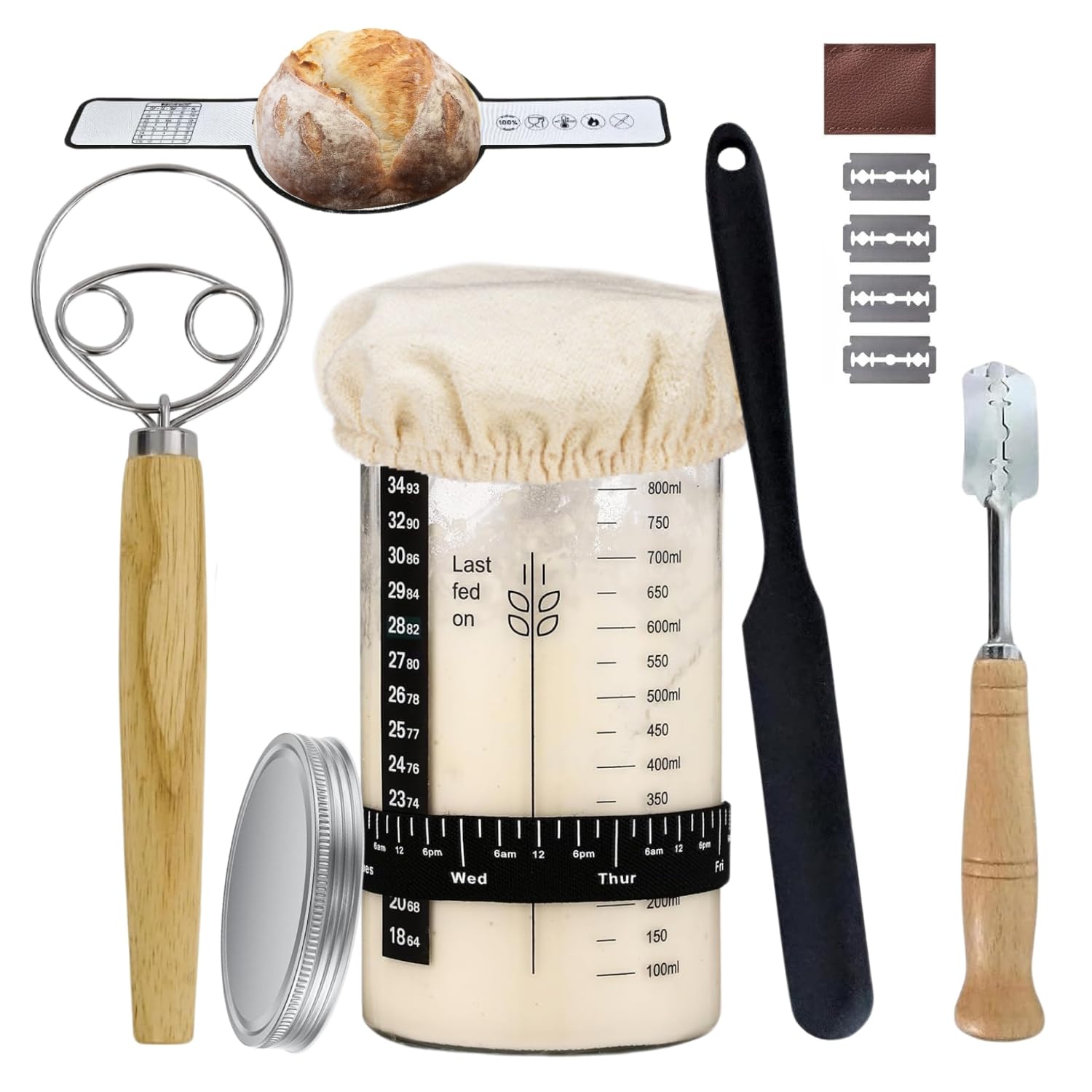 Organic Sourdough Starter Kit - 34oz Large Glass Jar, Thermometer, Dough Whisk & Bread Lame - Complete Bread Baking Supplies for Beginners to Experts - Perfect for Homemade Artisan Bread, Pizza Dough & Pastries