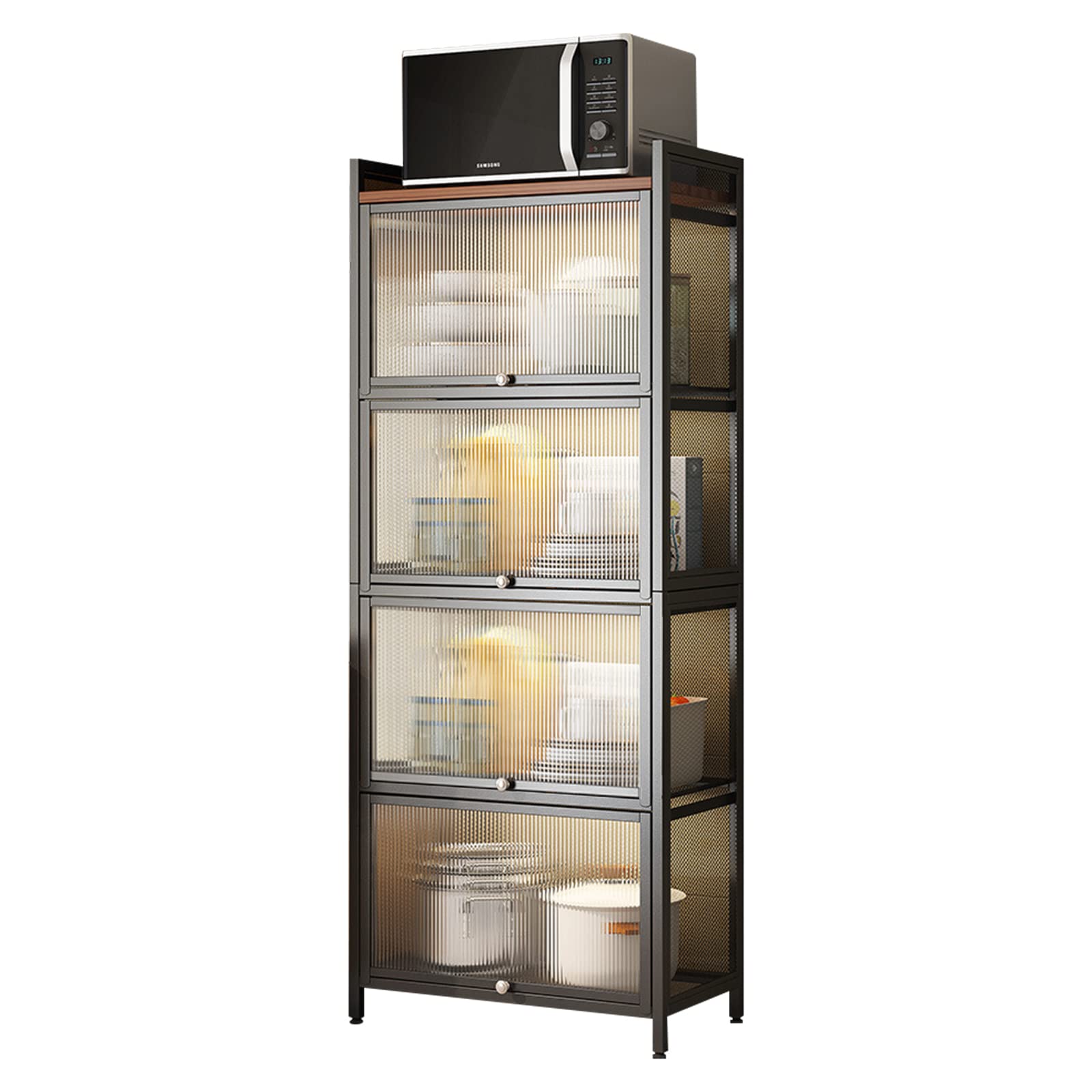 5-Tier Black Kitchen Storage Shelf - WOQLIBE Bread Rack, Coffee Station & Microwave Organizer for Dishes, Wine, Pots & Pans with 4 Hooks | Space-Saving Solution for Small Kitchens & Pantries