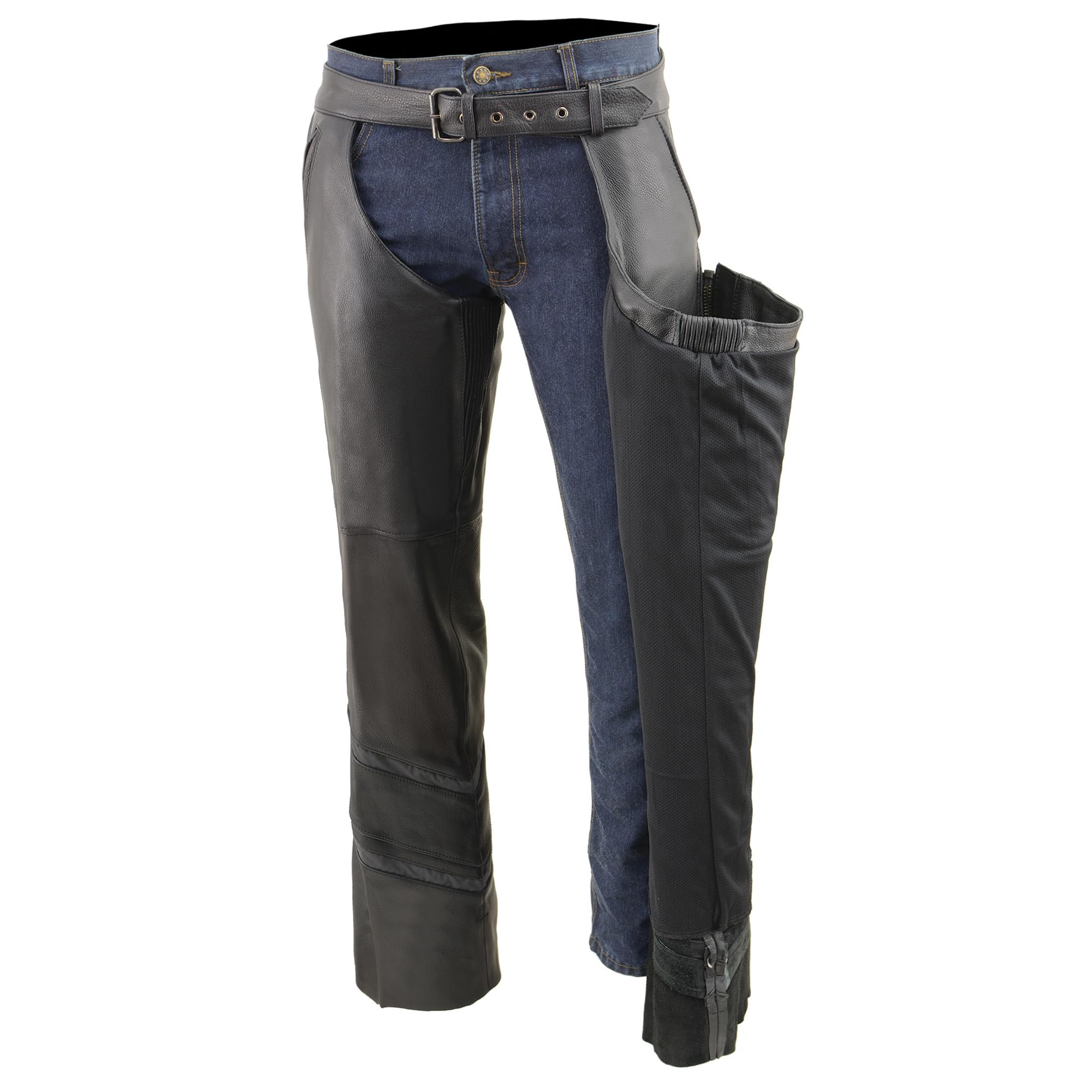 Milwaukee ML1144 Men's Naked Cowhide Vented Leather Chaps with Reflective Piping - Durable Motorcycle Riding Gear for Harley Davidson & Cruiser Bikes