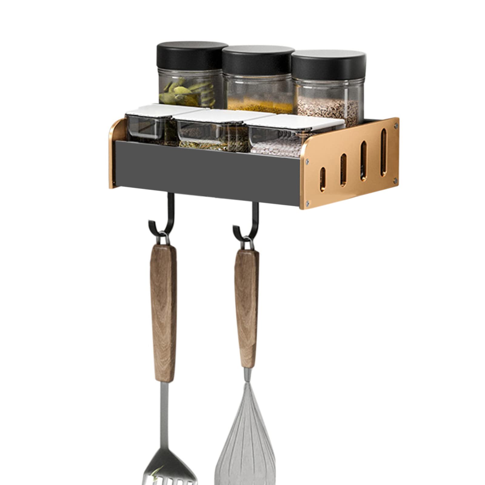 No Drill Spice Rack Wall Mount - Rustproof Aluminum Kitchen Utensil Organizer with Strong Adhesive (20cm) - Perfect for Cabinet Doors, Pantry & Bathroom Storage