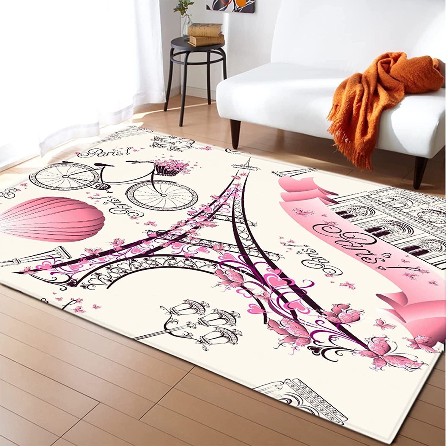 Paris Eiffel Tower Themed Pink Floral Bicycle Area Rug - 79