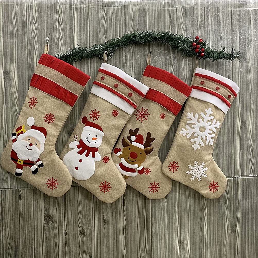 19 Inch Kerio Christmas Large Stocking - Santa Snowman Elk Snowflake Design | Fireplace Hanging Stockings | Holiday Gift Linen Bag for Family & Party Decorations | Perfect for Christmas Tree, Mantel Decor & Festive Home Decor