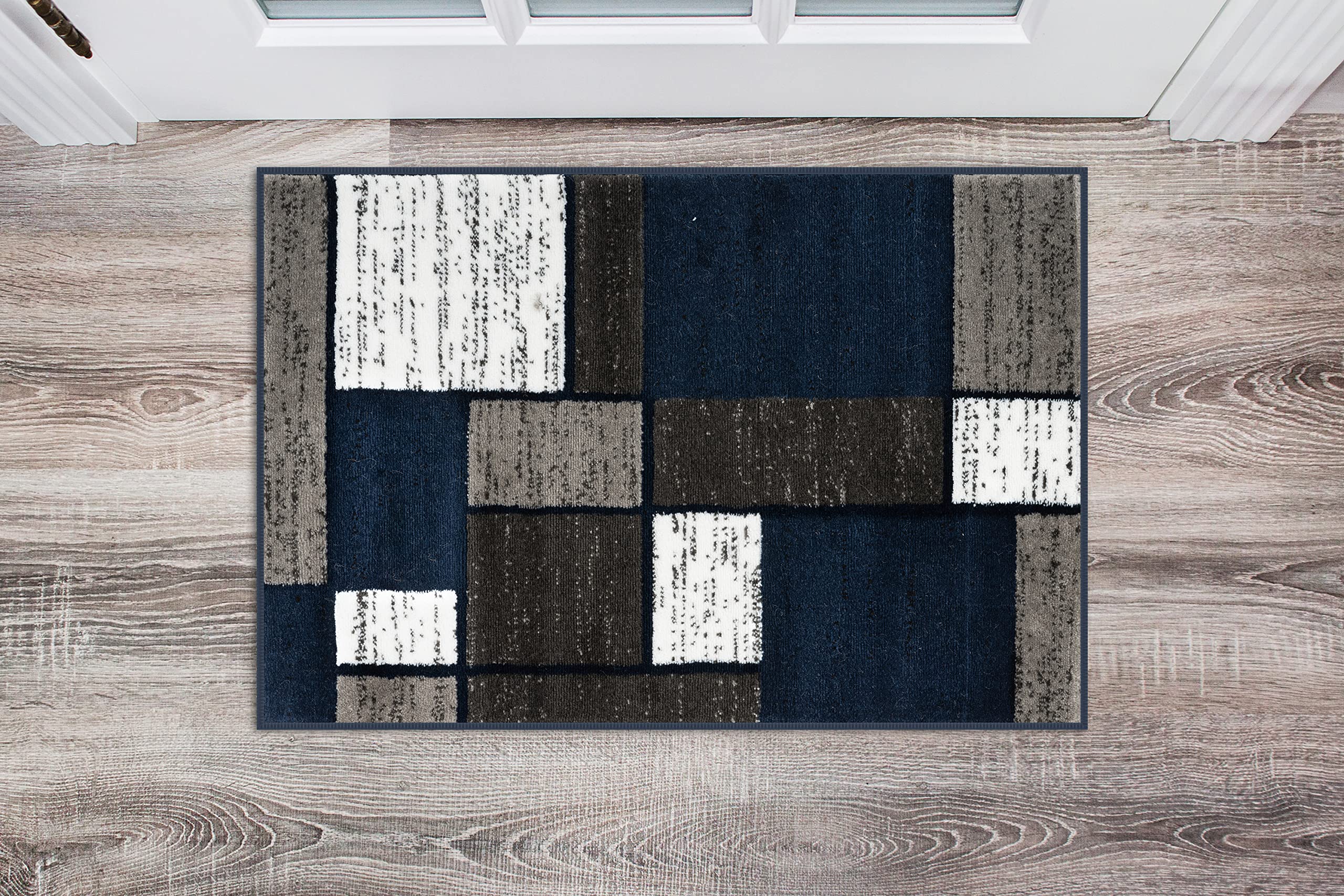 Contemporary Modern Boxes Area Rug 2' x 3' Navy - Soft Non-Slip Living Room Carpet for Bedroom, Office & Dorm Decor