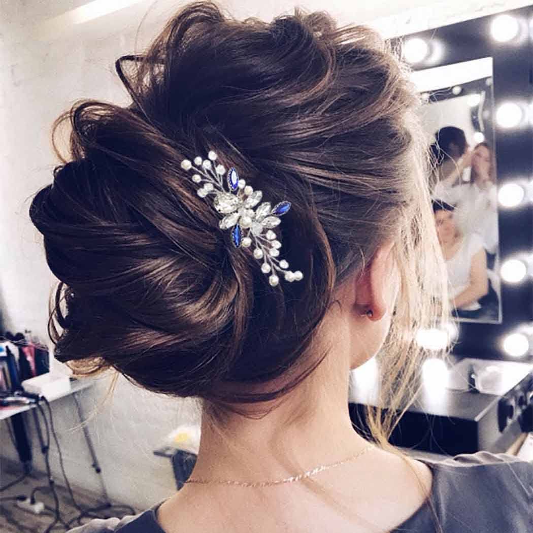Blue Rhinestone Wedding Hair Comb - Silver Bridal Hair Accessories for Women | Elegant Decorative Hairpiece for Brides, Prom, Formal Events & Special Occasions (Style 3)