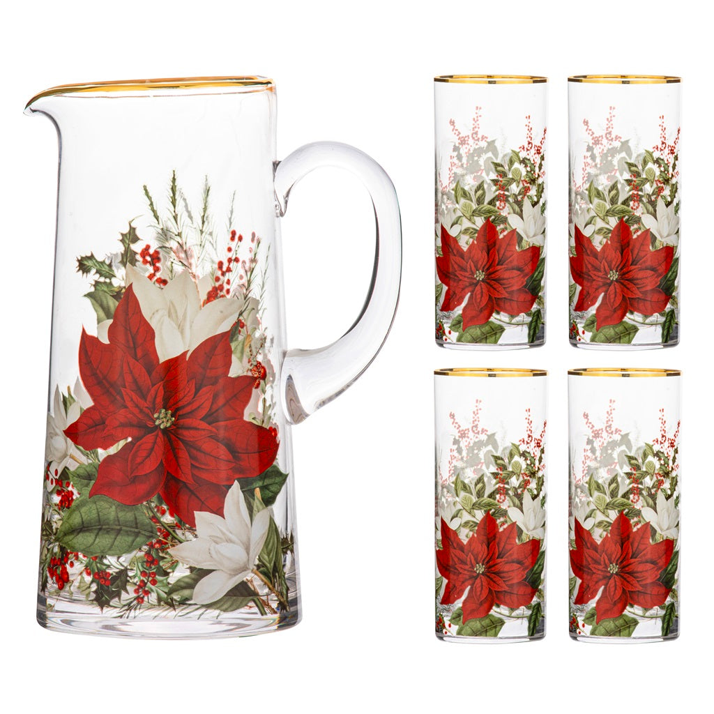 Ashdene Poinsettia Glass Jug & 4 Tumblers Set - Elegant Drinkware for Holiday Parties, Home Decor & Gift Giving