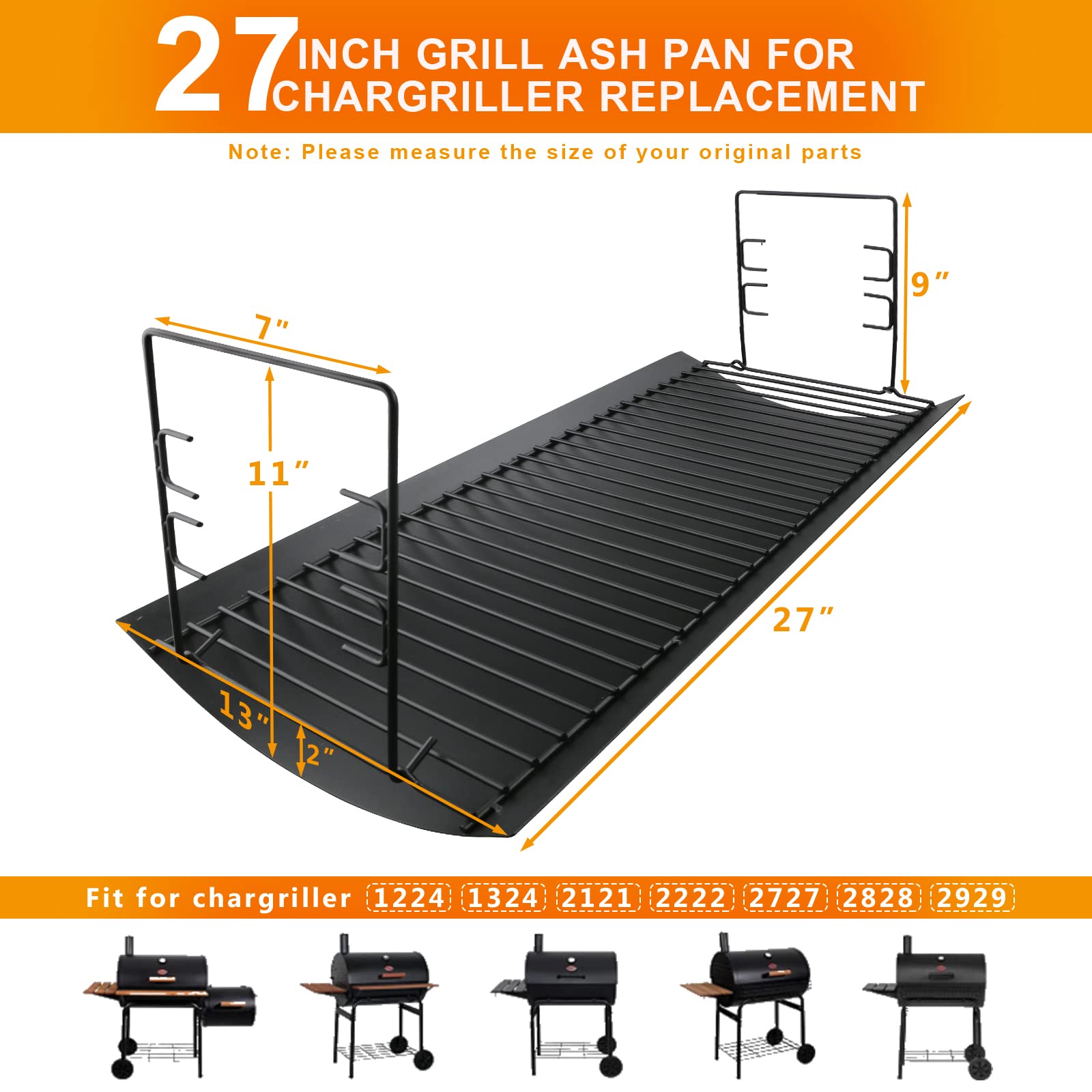 Hisencn 27-Inch Cast Iron Ash Pan & Grill Cooking Grates for Chargriller 2121, 2222, 2828 Models – Heavy Duty Drip Pan with 2 Fire Grate Hangers (5-Pack) – Perfect for BBQ, Grilling, and Outdoor Cooking