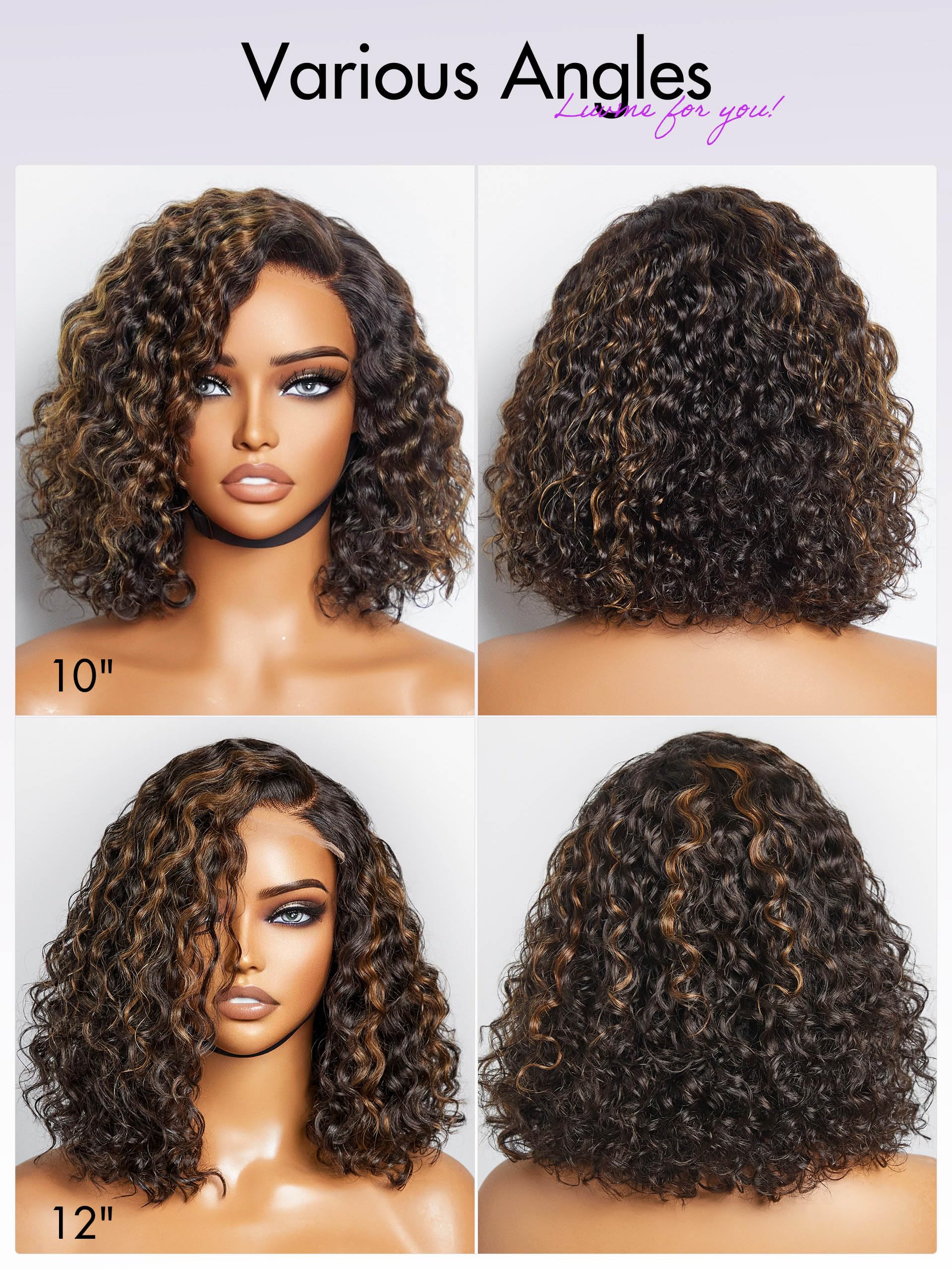 LUVME HAIR 12 Inch Curly Glueless Human Hair Wig - Pre Plucked, Pre Cut Undetectable HD Lace Bob Wig with Blonde Highlights (180 Density) | Natural Black Short Curly Wig for Daily Wear, Cosplay & Special Occasions
