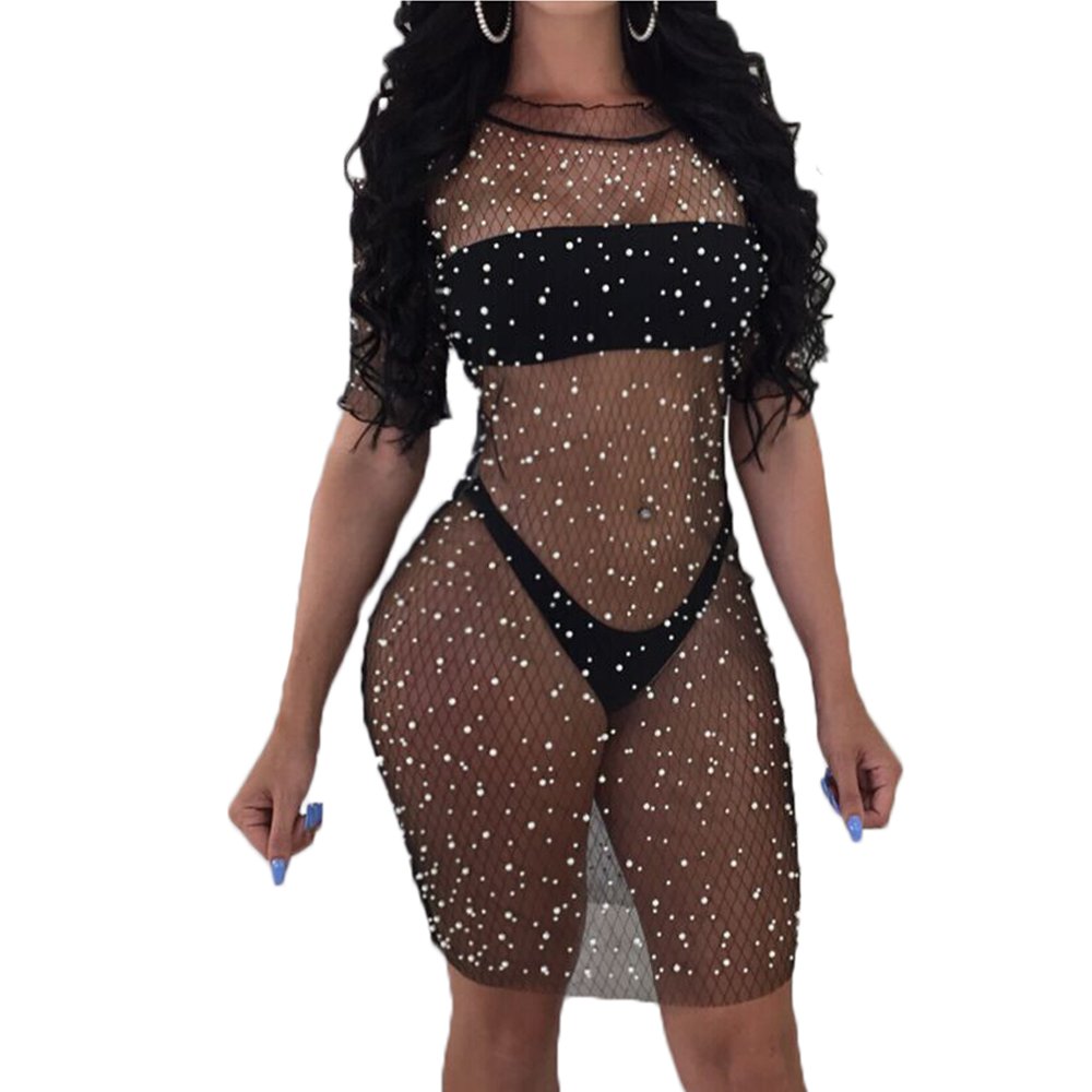 Sexy Women's Sequined See-Through Mesh Bikini Cover Up Dress - Short Sleeve Swimwear Beach Cover Up for Pool Party & Summer Vacation