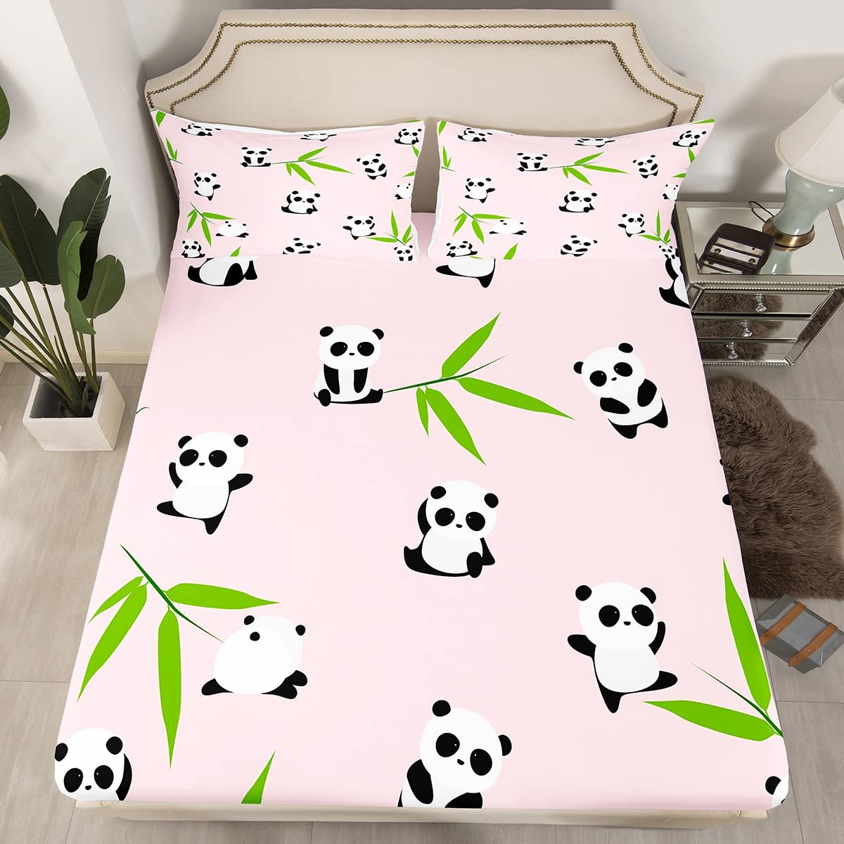 Cute Panda Printed Fitted Sheet Set for Kids - Breathable Cartoon Panda Bear Bedding, Pink Bed Cover for Boys & Girls - Queen Size - Perfect for Nursery, Bedroom Decor & Gift Giving
