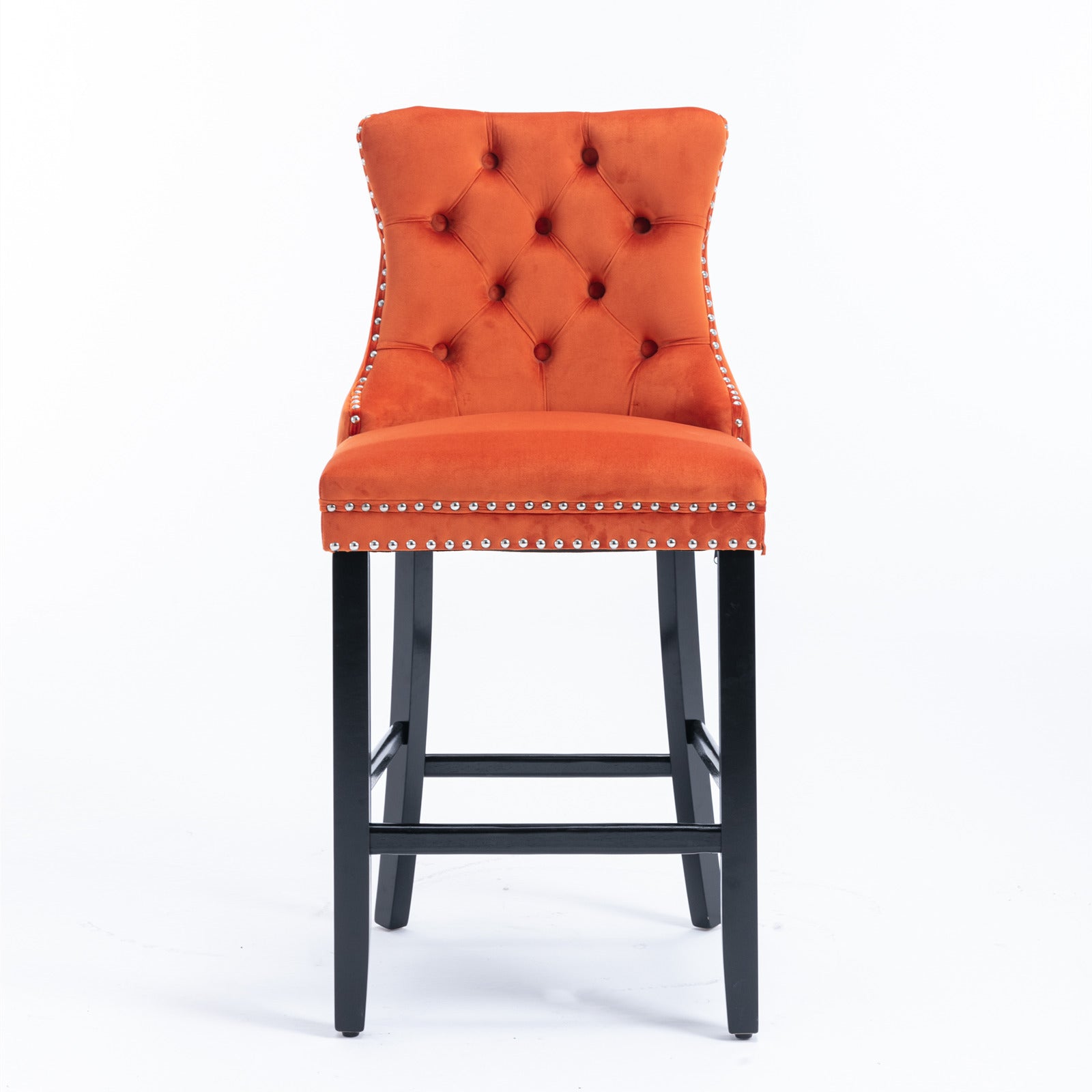Luxury Velvet Bar Stools Set of 2 - Modern Button Tufted Bar Chairs with Wooden Legs & Chrome Nailhead Trim - Orange Upholstered Counter Stools for Kitchen Island, Home Bar & Dining Room Decor