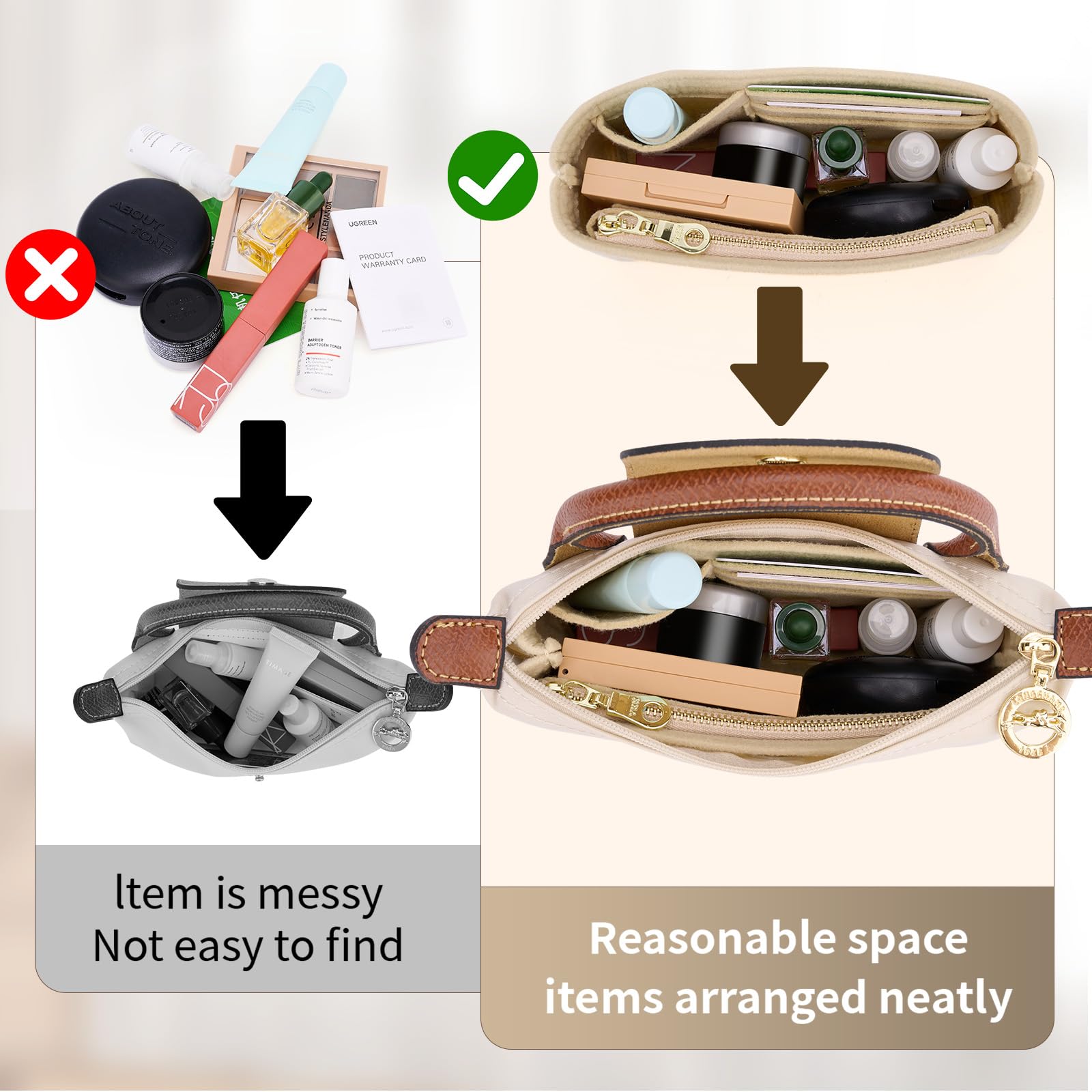 Premium Felt Bag Organizer Insert for Tote Bags & Handbags - Compatible with Longchamp Le Pliage, LV Neverfull, Coach Backpacks - Perfect for Travel, Work & Daily Organization