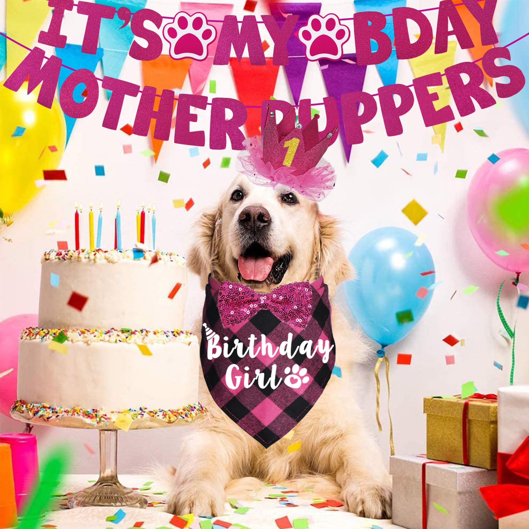 Dog Birthday Party Decorations Set - Adjustable Bandana, Birthday Hat Crown, Bow Tie & Banner for Large & XL Dogs - Pink X-Large Size - Perfect for Puppy Birthday Celebrations & Photo Shoots
