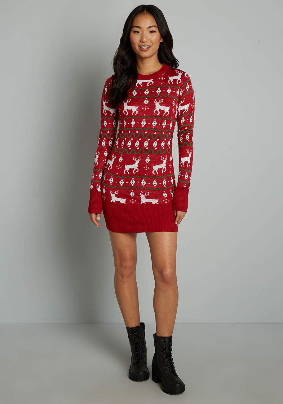 Festive Reindeer On Parade Sweater Dress for Women - Cozy Christmas Holiday Party Outfit