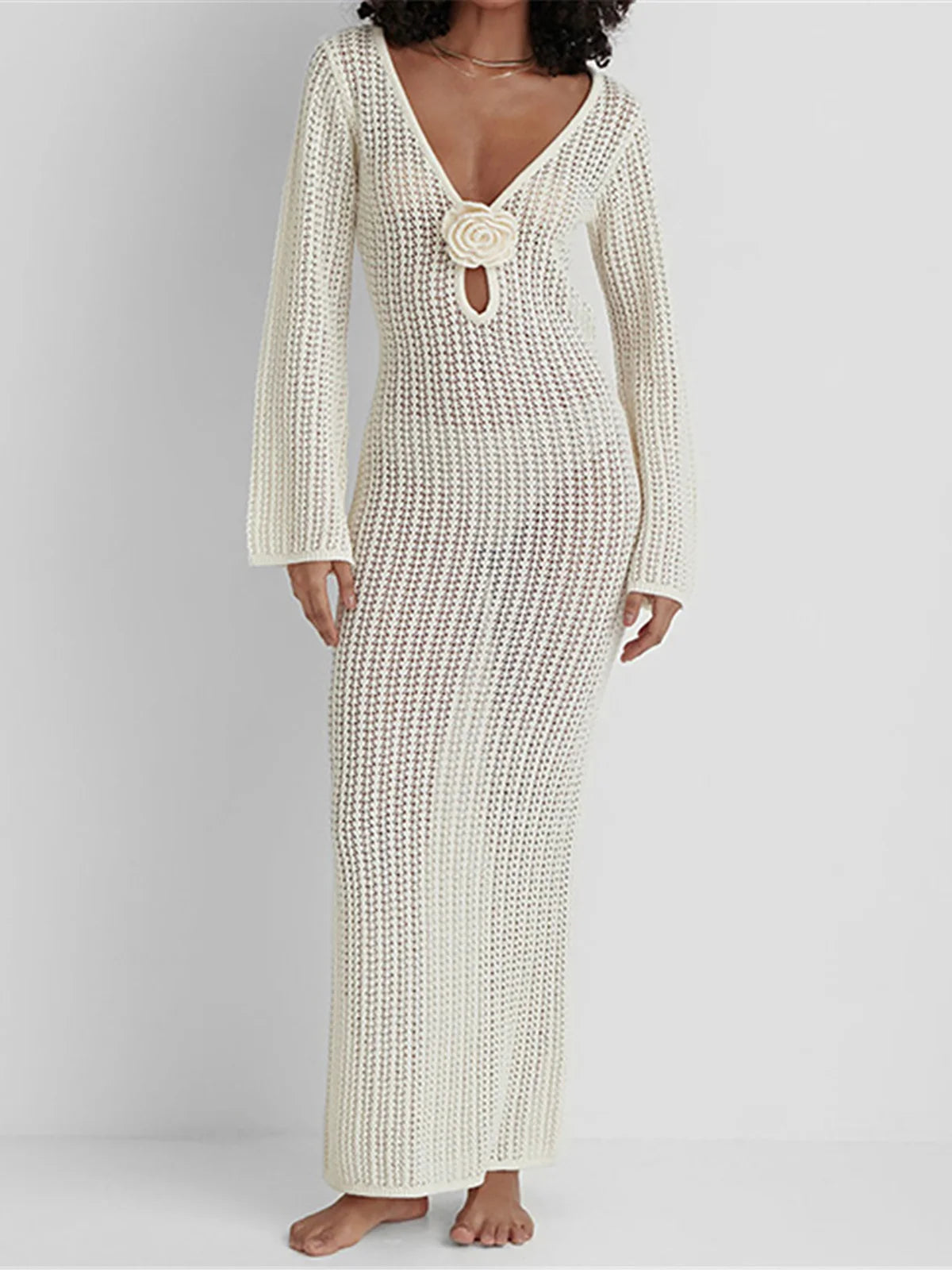3D Flower V-Neck Long Sleeve Crochet Knitted Tunic Beach Cover Up Dress for Women - Perfect for Summer Vacations, Pool Parties, and Seaside Outings