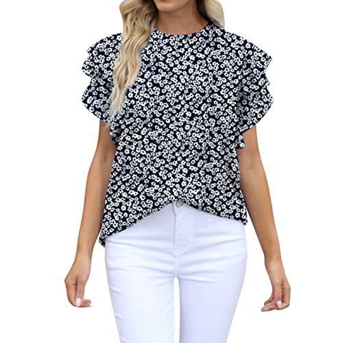 Floral Print Women's Crew Neck Basic Tee Shirts with Petal Sleeves - Summer Casual Tops for Women | Perfect for Beach Outings, Picnics & Everyday Wear