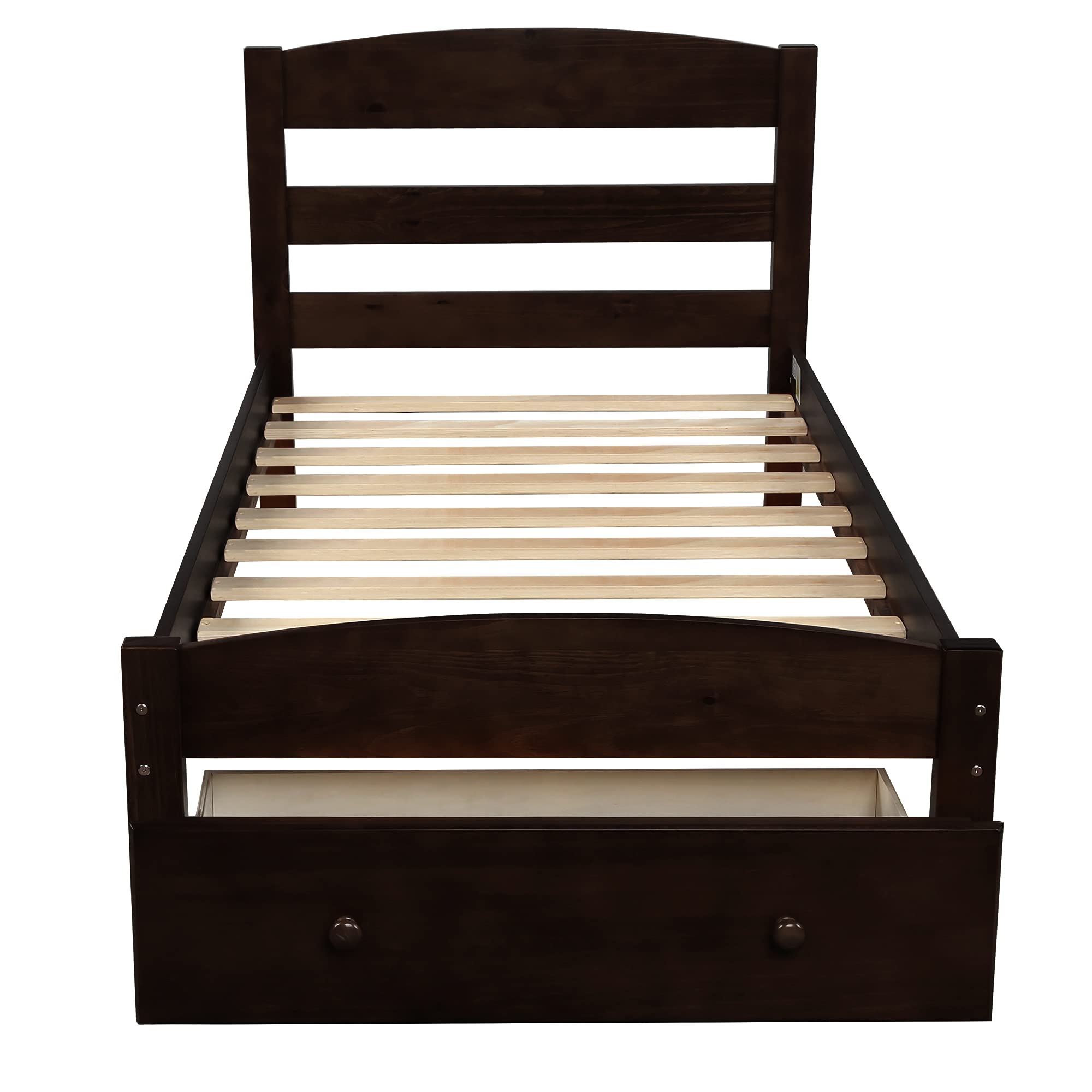 **Platform Twin Bed Frame with Storage Drawer & Wood Slat Support - No Box Spring Needed, Espresso Finish - Perfect for Small Bedrooms, Guest Rooms & Dormitories**