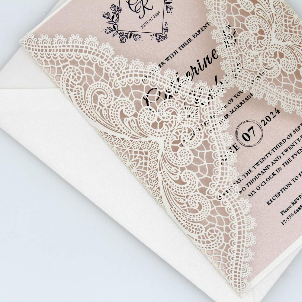 25-Pack White Lace Laser Cut Wedding Invitations with RSVP Cards - Elegant Blush Pink Shimmer Stationery for Weddings, Sweet 16 Parties, Bridal Showers & Birthday Celebrations - Perfect for Formal Events & Special Occasions