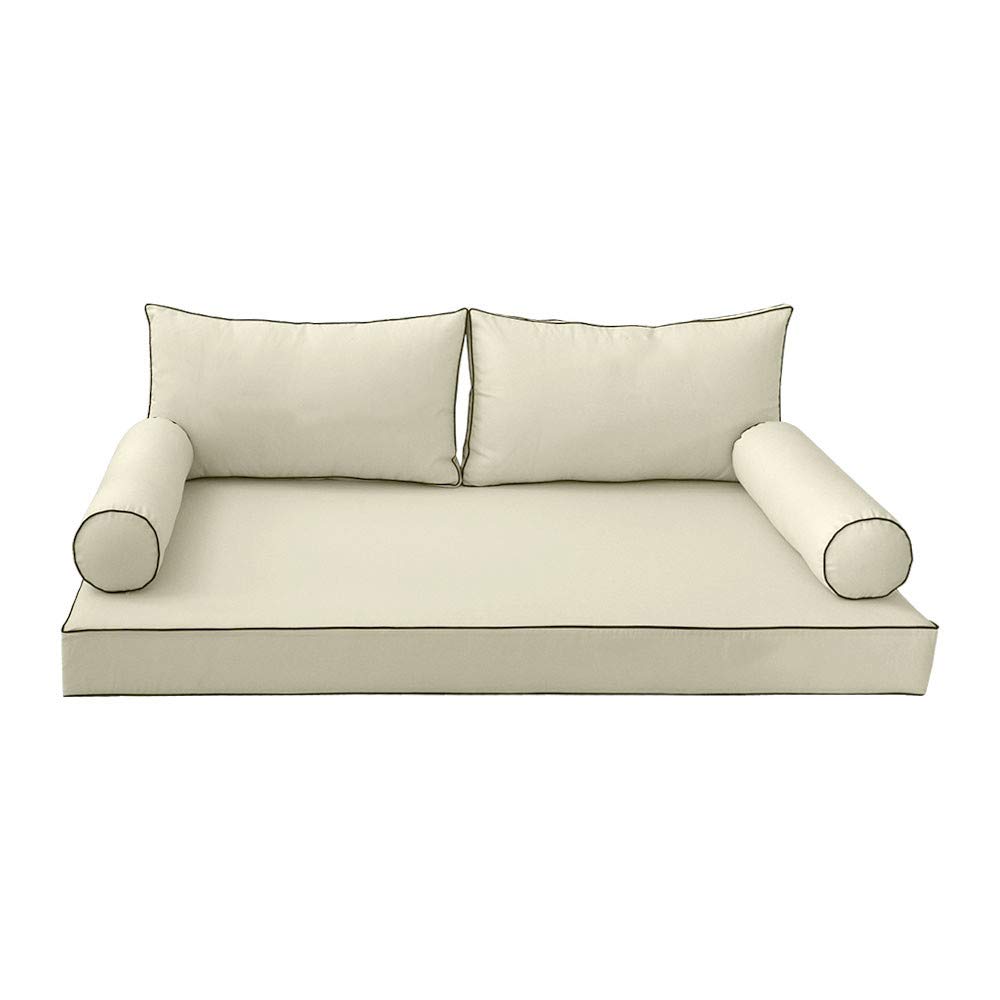 Prolinemax Style2 Full Size 5-Piece Outdoor Daybed Set - Contrast Piping Mattress Cover, Bolster Pillows & Fitted Sheet (AD005) for Patio, Poolside or Garden Lounge Relaxation