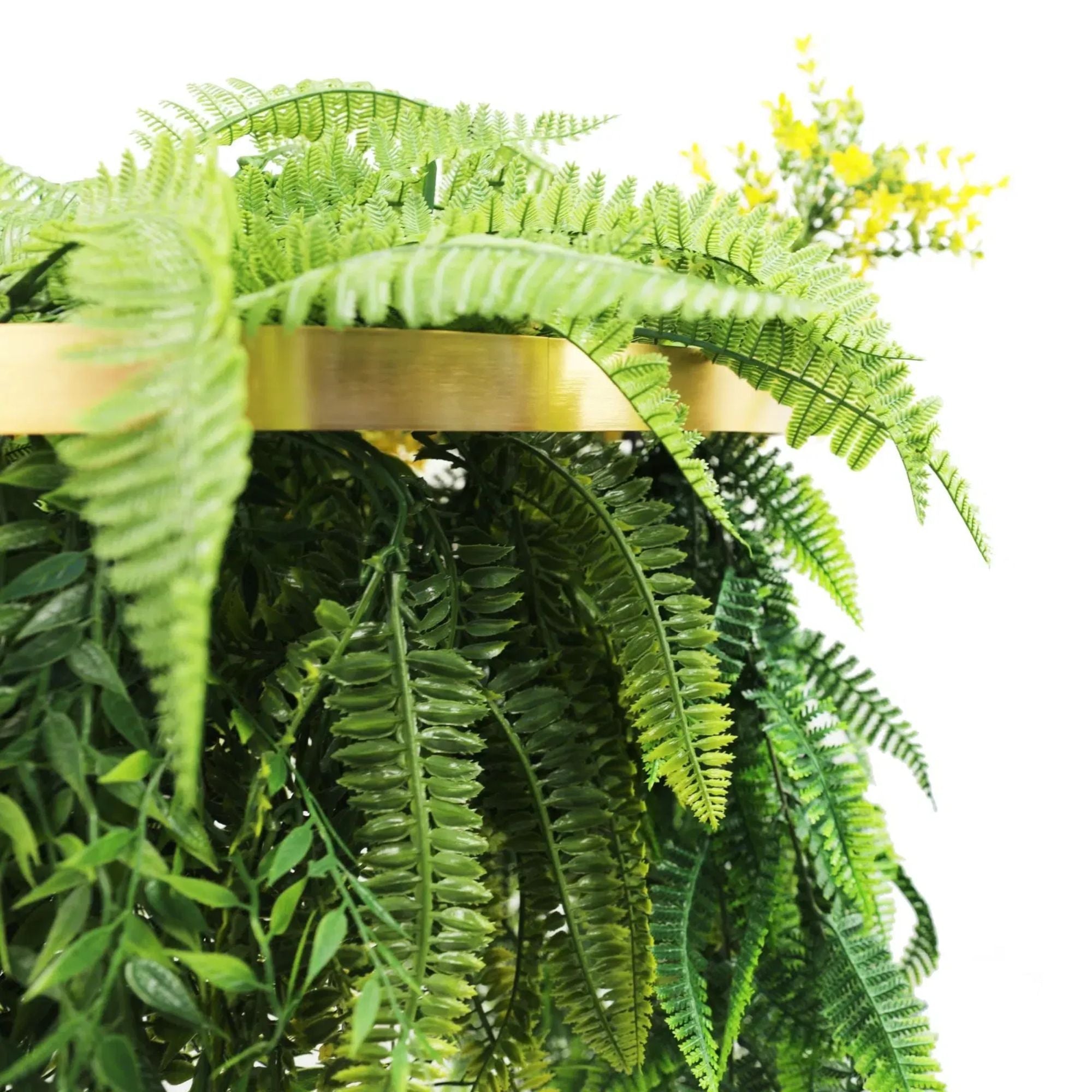 40cm UV Protected Elegant Gold Hanging Disc with Draping Ferns & Tropical Greenery - Perfect for Patio, Garden, and Indoor Plant Decor