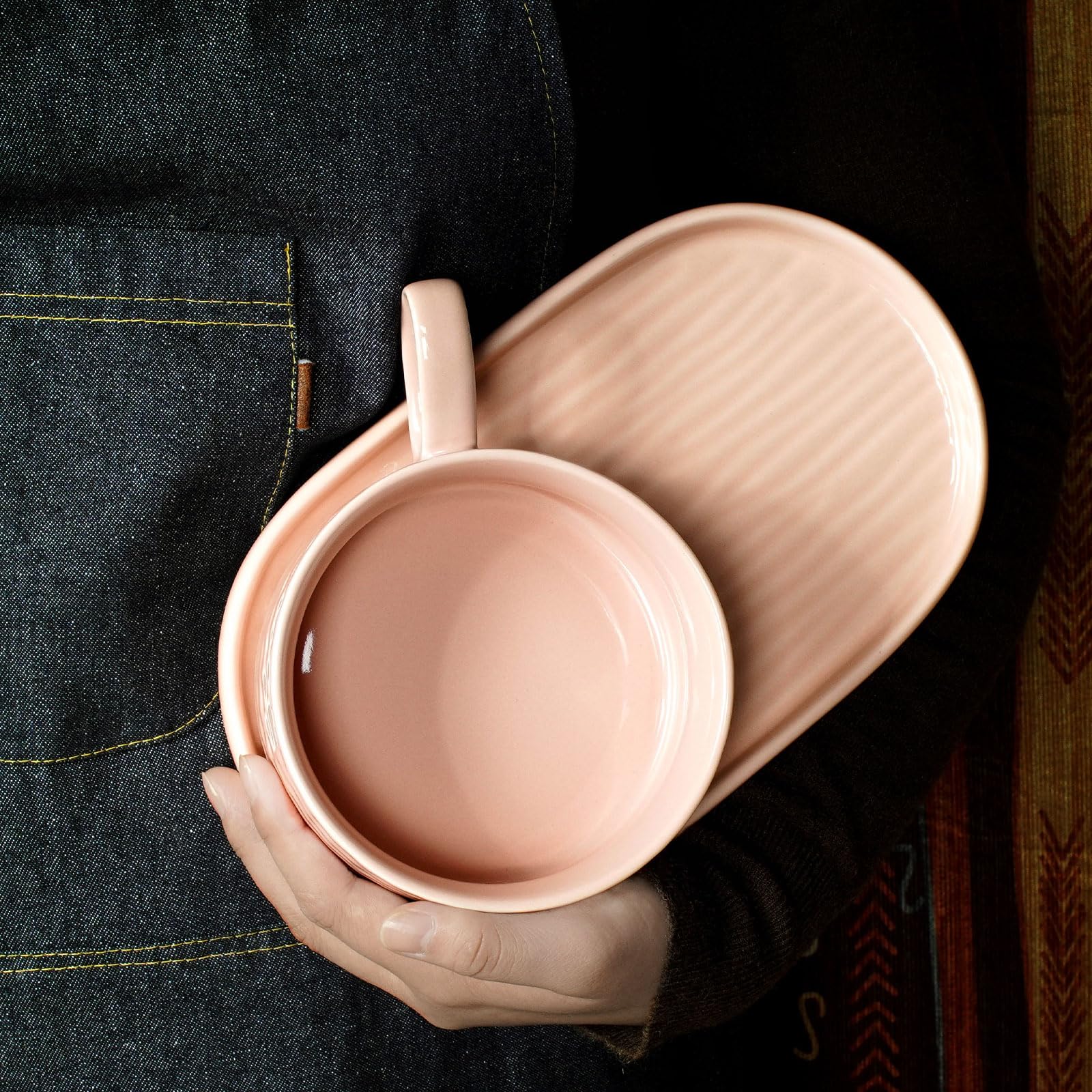 **Artena 16 oz Ceramic Soup and Sandwich Plate Set - 9.85-inch Glazed Bowls with Handles for Soup, Side Dishes & Crackers - Perfect for Breakfast, Bread Dipping & Casual Dining (Soft Pink)**