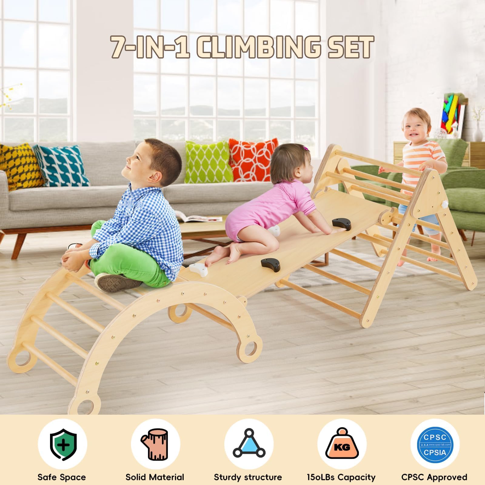 Asweets 5-in-1 Foldable Pikler Triangle Set with Ramp & Arch Climber - Montessori Climbing Toy for Toddlers, Indoor Jungle Gym for Kids - Perfect for Playrooms, Daycares & Home Play Areas