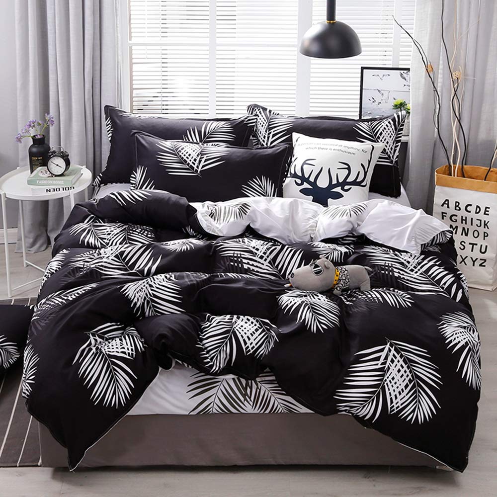 Feelyou Black and White Reversible Duvet Cover Set - Palm Leaf Print Comforter Cover for Kids, Teens & Adults - Twin Size Soft Zipper Closure Bedding - Perfect for Boho Bedroom Decor & Guest Room Styling