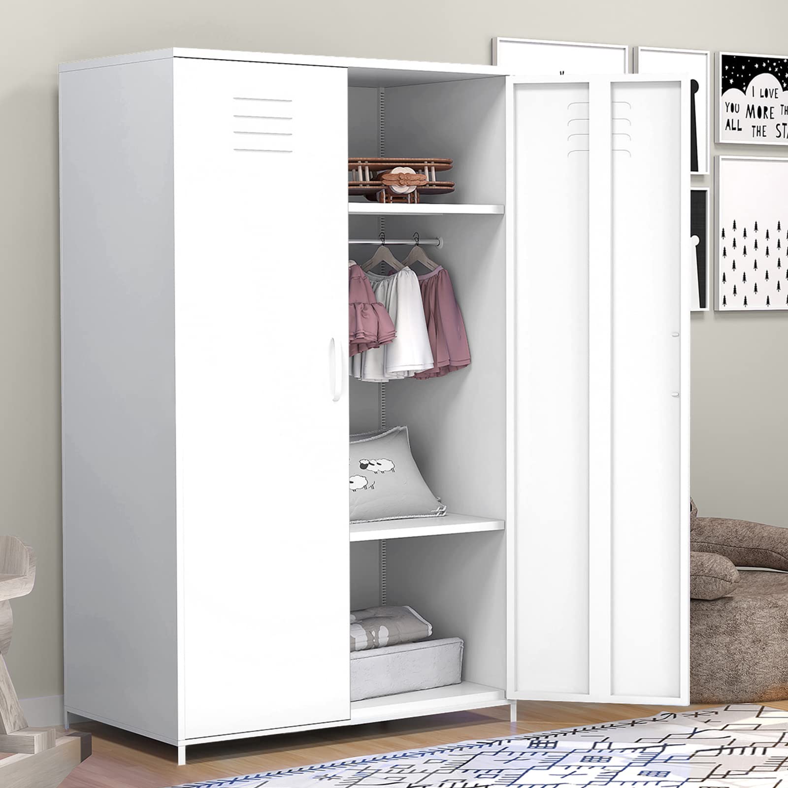 Sweiko White Metal Locker Cabinet - Double Door Steel Storage Locker with Hanging Rod & Shelves for Bedroom, School, Classroom - Perfect for Organizing Toys, Clothes & Sports Equipment