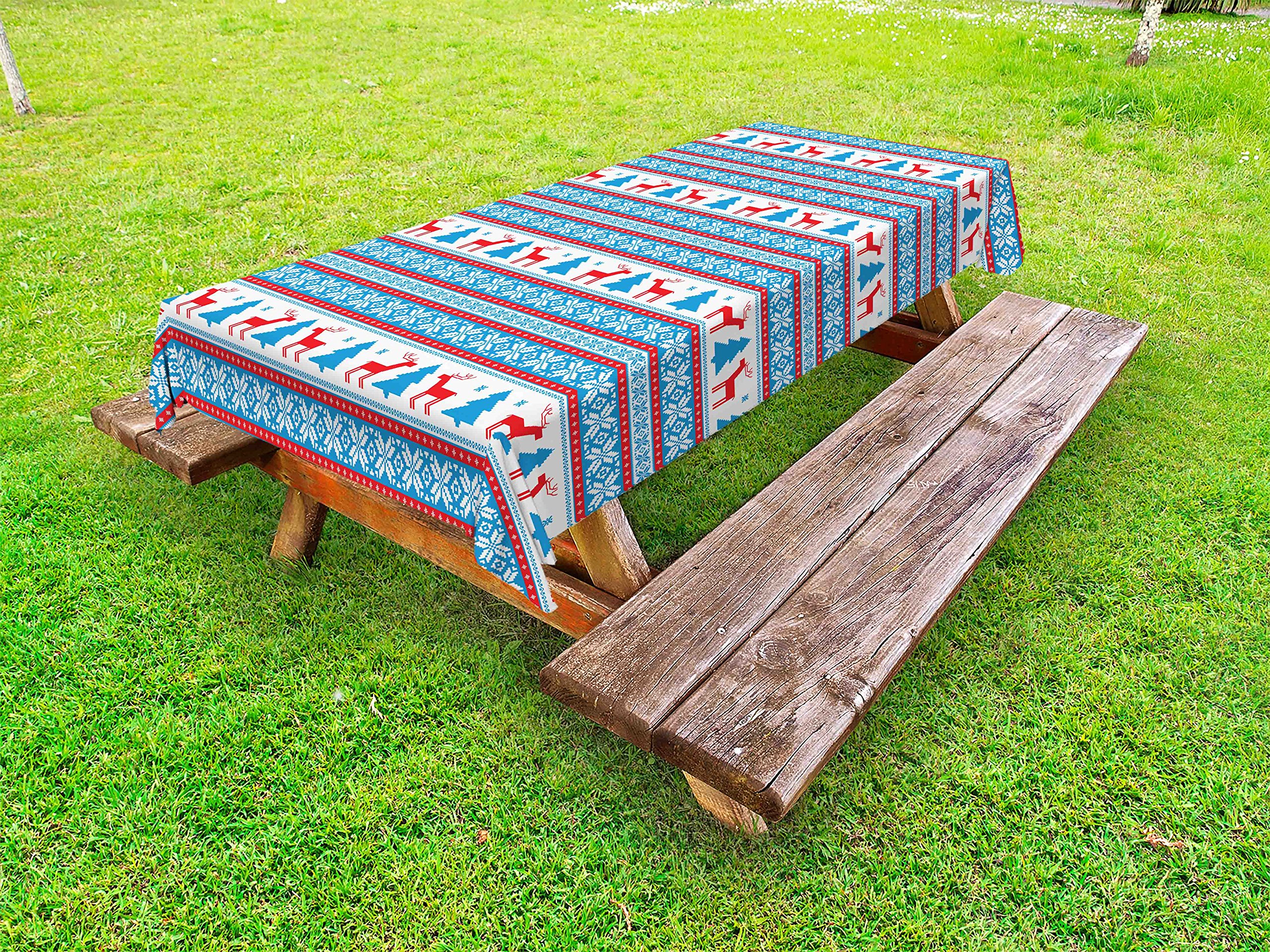 Ambesonne Christmas Tablecloth - Traditional Folkloric Knit Holiday Design, Washable Outdoor Picnic Table Cover 58x104 Inches, Red & Blue - Perfect for Holiday Parties, Family Gatherings & Festive Decorations
