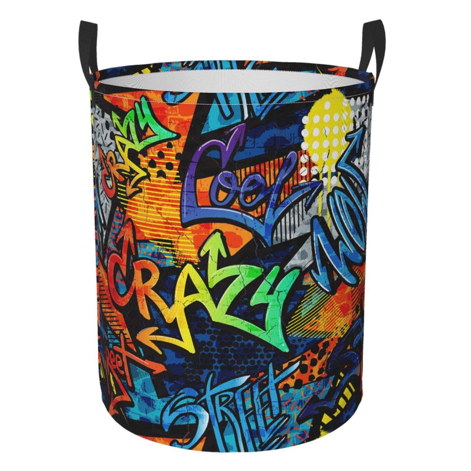 Abstract Grunge Graffiti Pattern Collapsible Laundry Basket with Handle - Waterproof Fabric Hamper for Clothes, Toys & Storage - Large Organizer Bin for Bedroom, Bathroom & Laundry Room