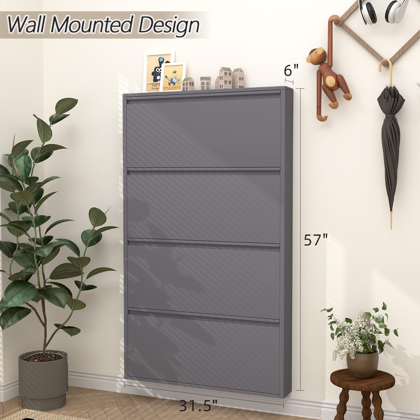 GREATMEET 4-Tier Wall Mounted Steel Shoe Cabinet with Flip Drawers - Space Saving Entryway Shoe Organizer for Indoor Shoe Storage (Black) - Perfect for Small Apartments, Closets & Mudrooms
