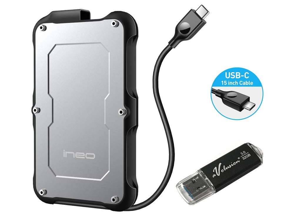 Avolusion Ineo C2580c 480GB Rugged External SSD - IP66 Waterproof, Military-Grade Shockproof USB 3.1 Portable Drive with 32GB Flash Drive (550MB/s Read/Write) - Perfect for Outdoor Adventures, Construction Sites & Data Backup