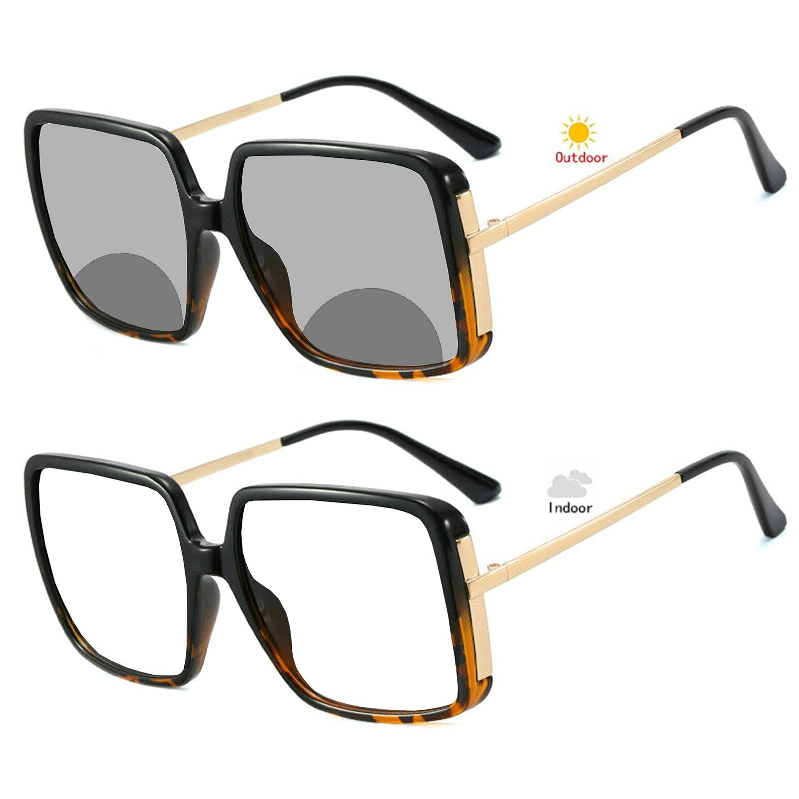 Photochromic Bifocal Sunglasses for Women - Oversized Square Transition Lenses, Multifocus Reading & Driving Glasses - Perfect for Outdoor Activities, Reading, and Safe Driving
