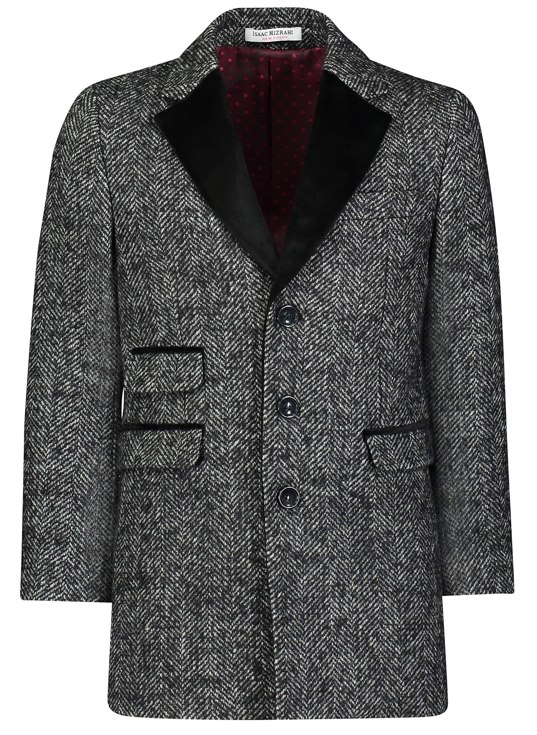 Isaac Mizrahi Boys' 2-20 Single Breasted Velvet Lapel Herringbone Wool Overcoat | Winter Formal Coat for Kids | School, Church & Special Occasions