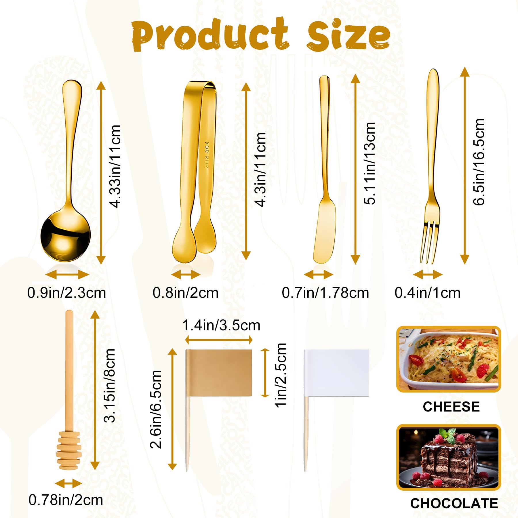 18-Piece Stainless Steel Cheese & Butter Spreader Knives Set - Charcuterie Board Accessories with Mini Serving Tongs, Spoons & Forks - Perfect for Pastry Making, Cheese Platters & Party Serving (Golden)