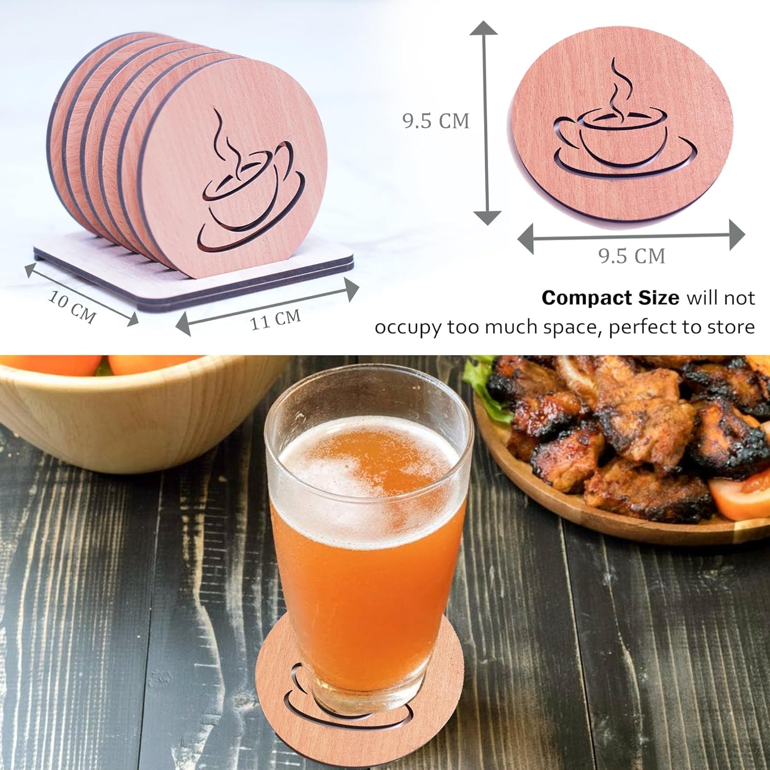 KERMIS Wooden Coaster Set of 6 with Stand - Absorbent Drink Coasters for Coffee, Tea & Glasses - Protects Furniture from Water Rings & Stains - Perfect Dining Table Decor & Housewarming Gift (9.5 x 9.5 cm) - Ideal for Home, Office, Restaurants & Coffee Shops