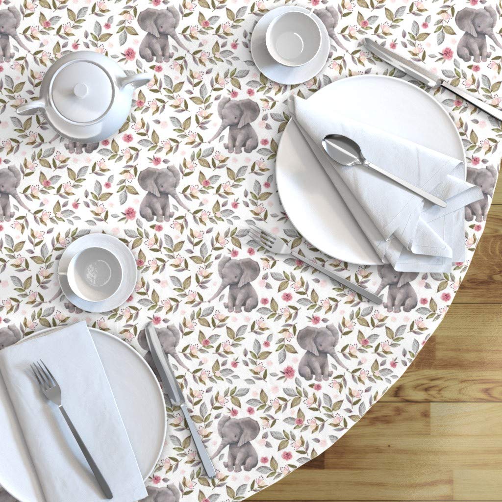 Custom Pink Baby Elephant Crown Floral Safari Animal Watercolor Print Cotton Sateen Tablecloth - 90