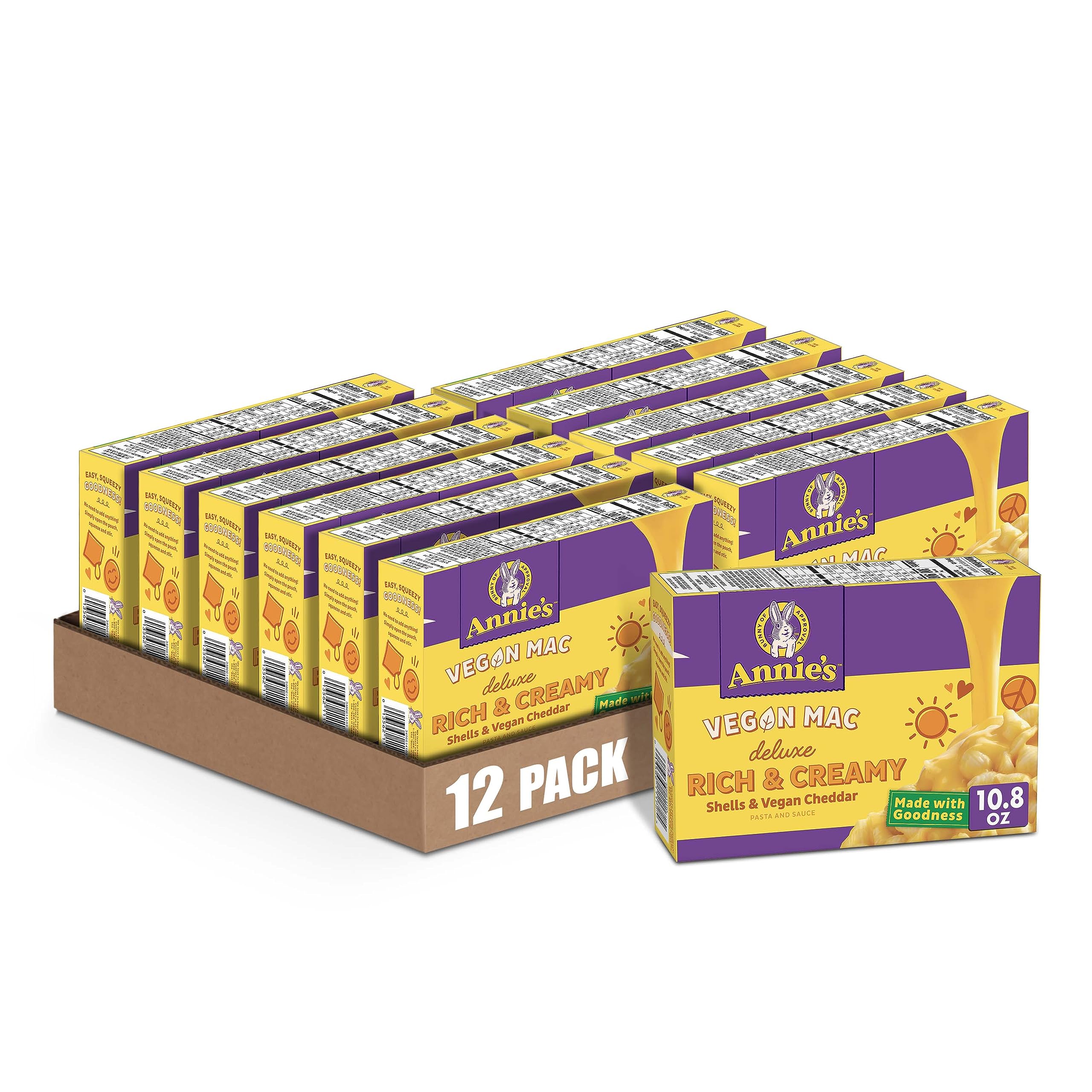 Annie's Deluxe Vegan Mac and Cheddar Shells - 10.8 oz (Pack of 12) | Organic Plant-Based Macaroni & Cheese | Quick Vegan Dinner, School Lunches & Comfort Food