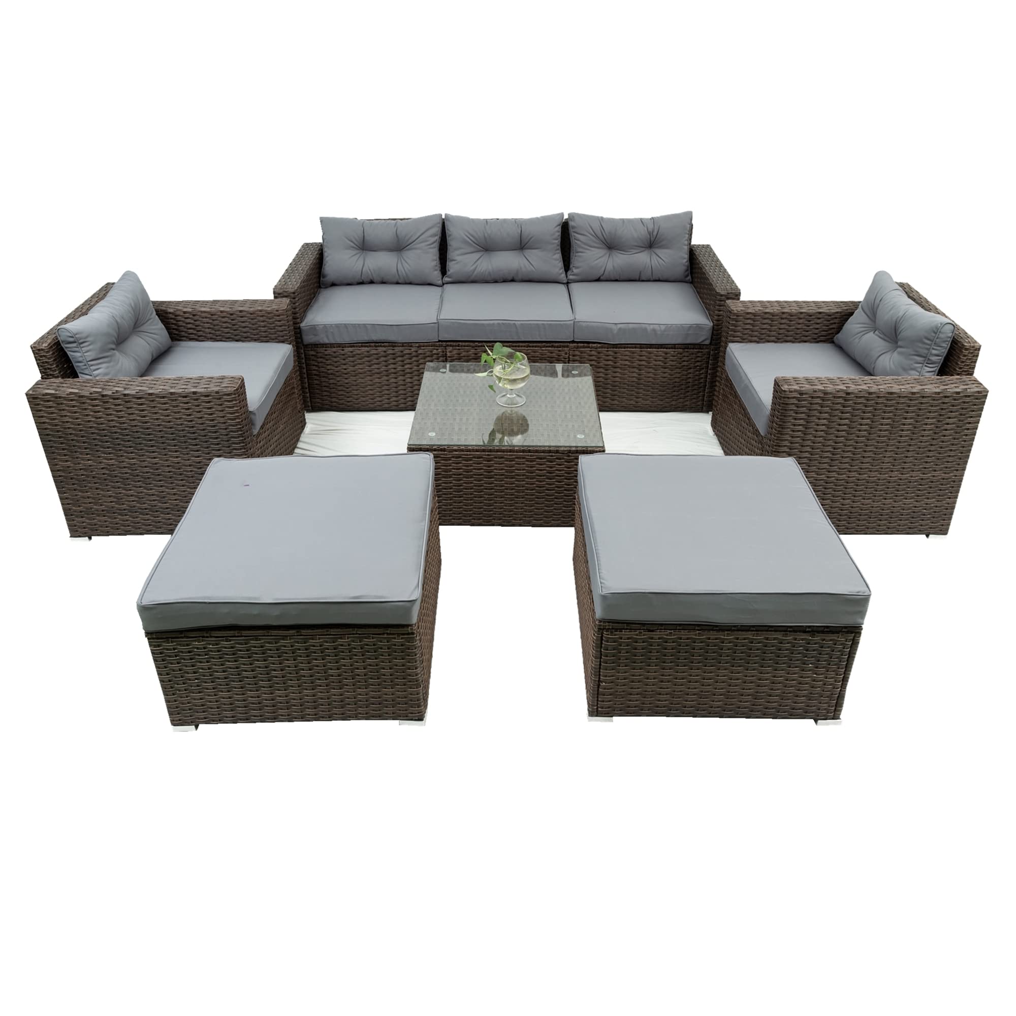 6-Piece Patio Rattan Wicker Outdoor Furniture Set with Storage Box, Removable Cushions & Tempered Glass Tabletop - Garden, Porch, Backyard Conversation Sofa for Relaxing & Entertaining Guests